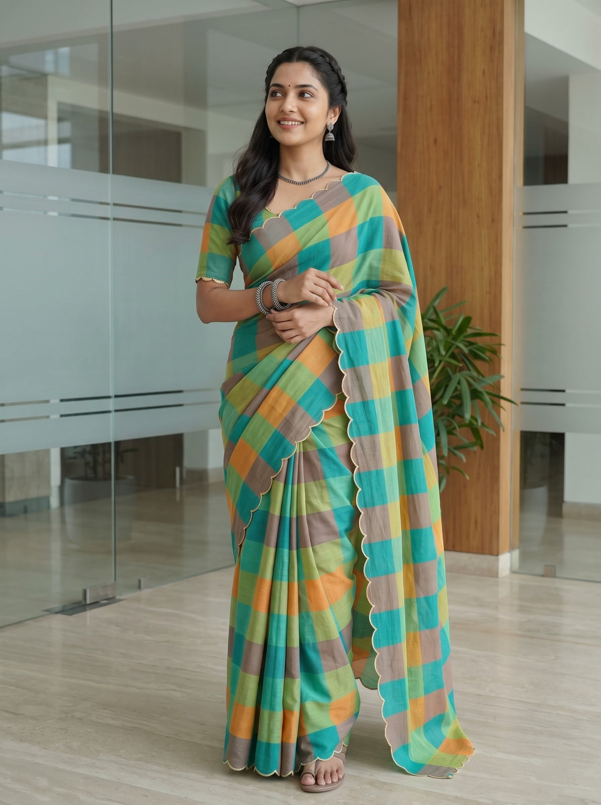 A woman modeling a vibrant green, yellow, and orange checkered saree with a scalloped border in a modern glass-walled office lobby.