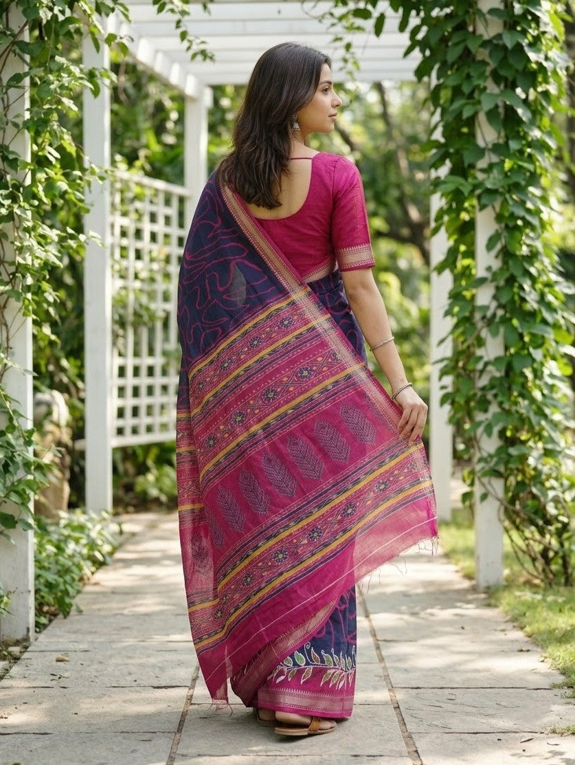 Polycotton Navy Blue Rani Pink Ikat Motif Pallu Saree with Contrast Border and Zari Edge