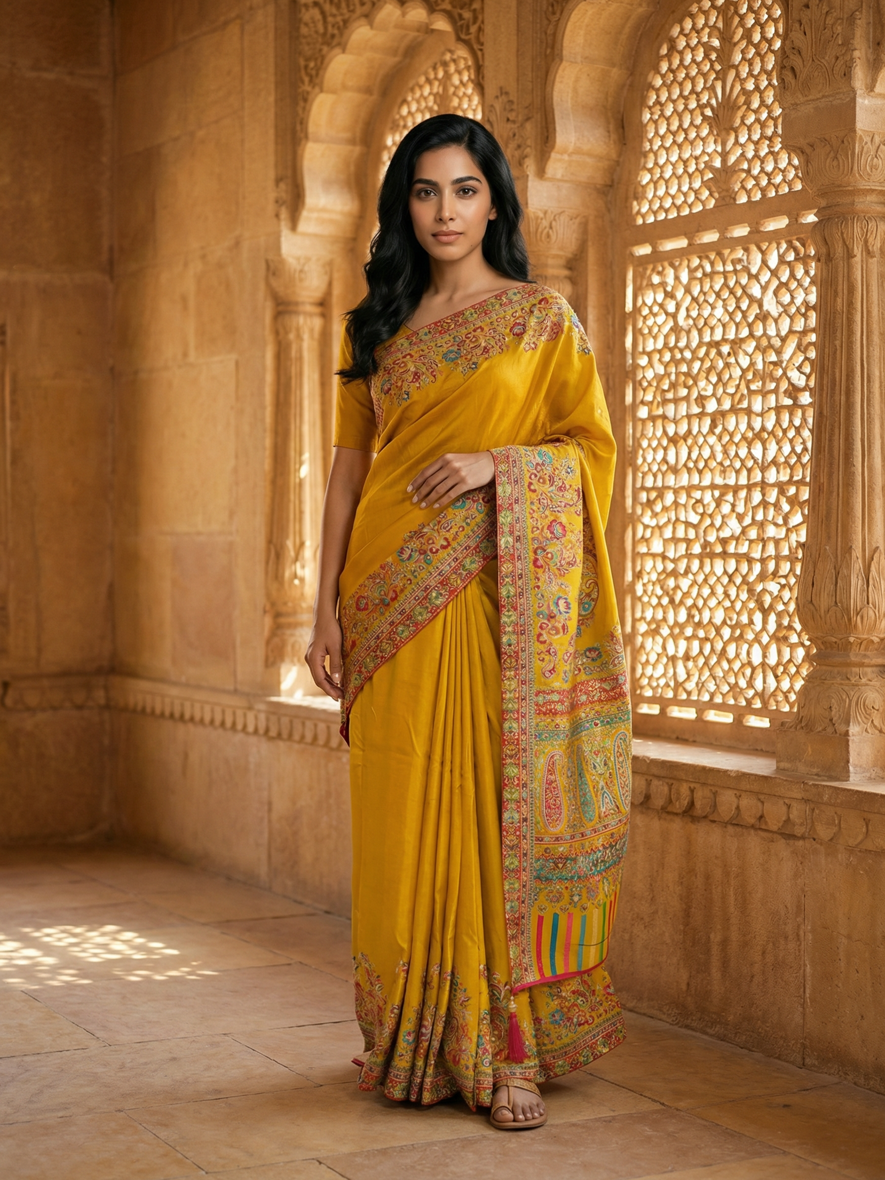 Georgette Banarasi  Mustard Yellow Multicolor Floral Border Saree