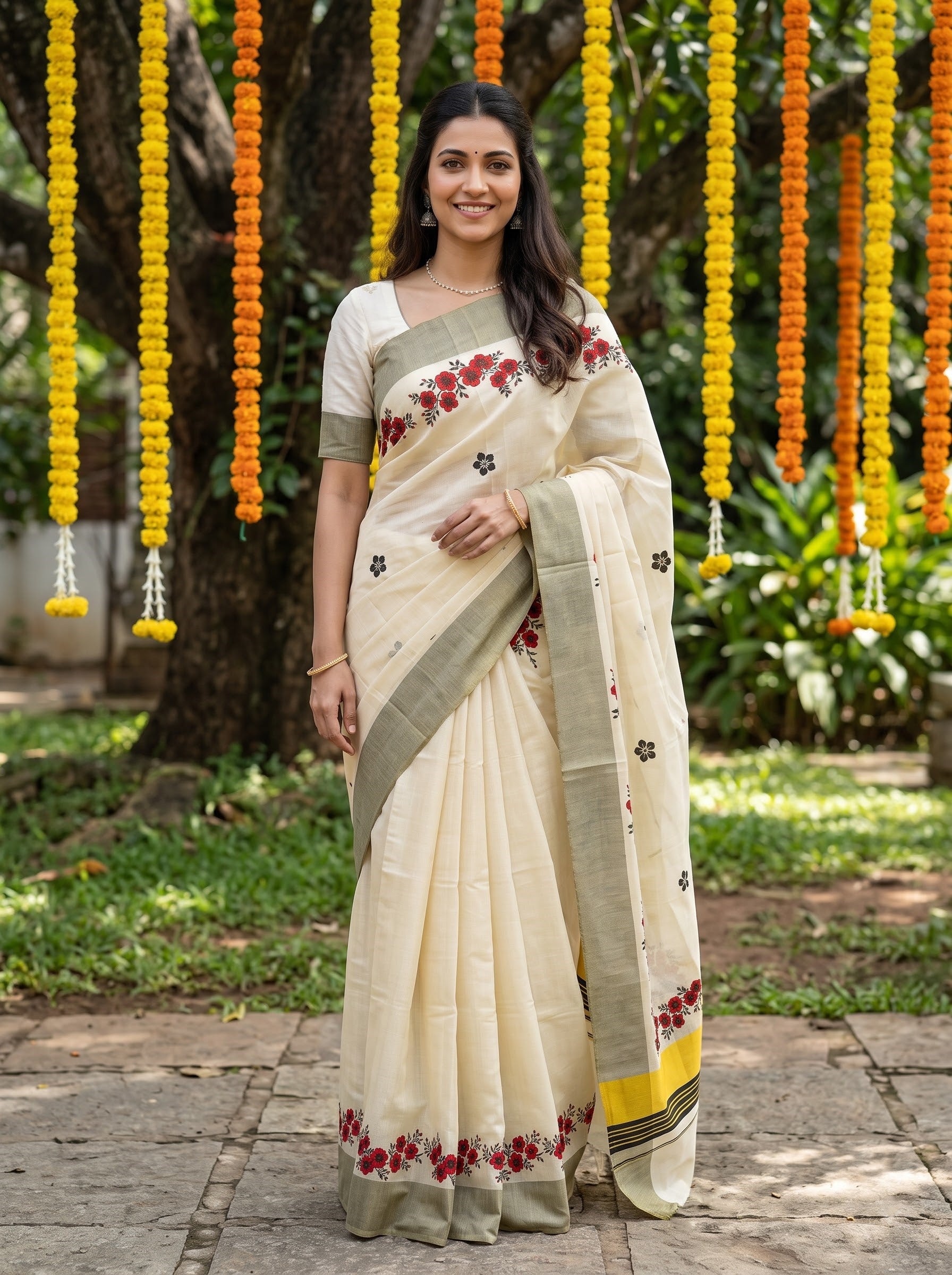 Tissue Golden Cream with Red Floral Print and Olive Border Onam Special Kerala Saree
