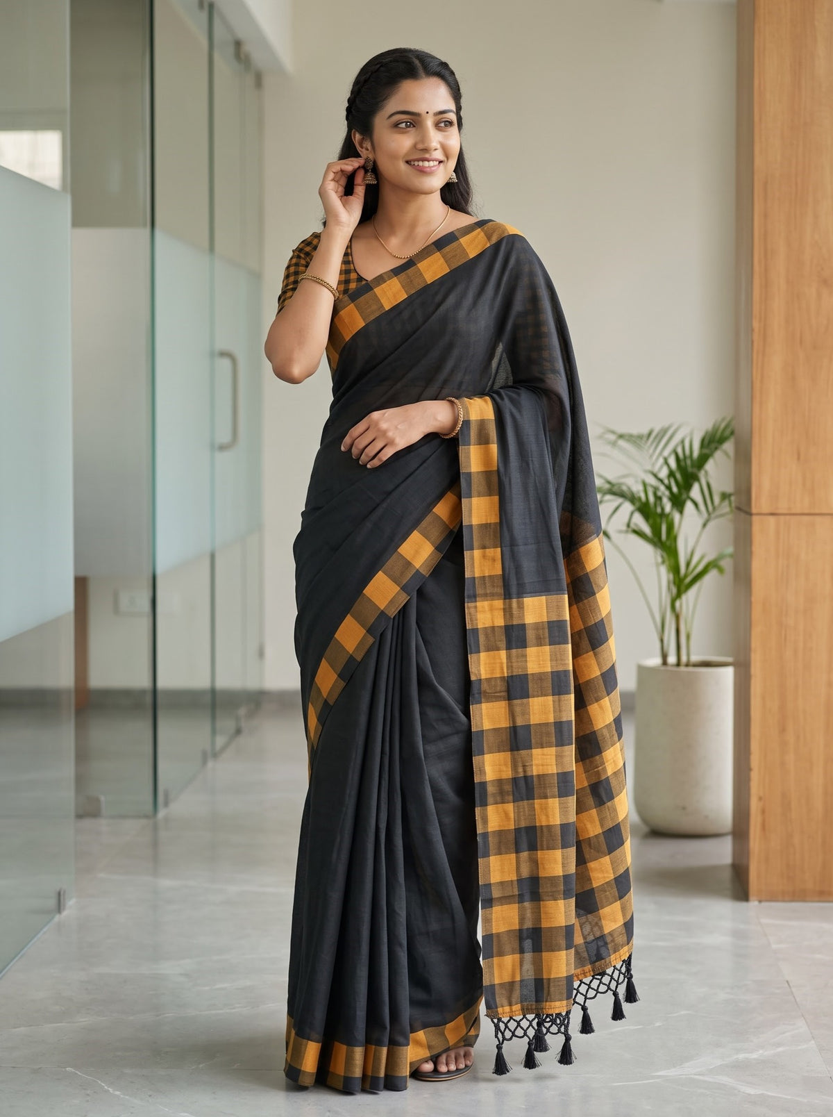 A woman wearing a black saree with a mustard yellow and black checkered border and pallu, paired with a matching checkered blouse, standing in a modern office hallway.