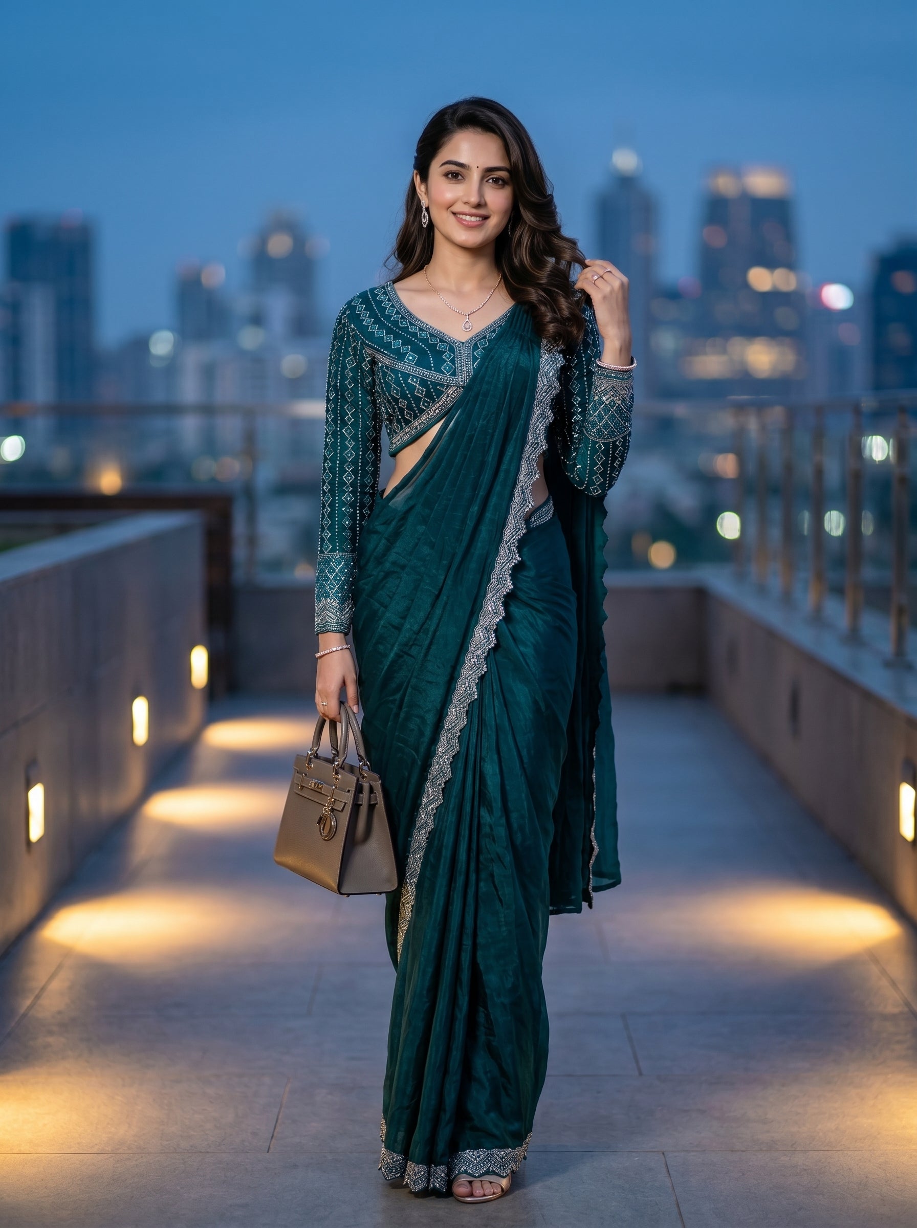Jimmy Choo Teal Blue Designer Ready-to-Wear Saree with Heavy Embroidered Full Sleeve Blouse
