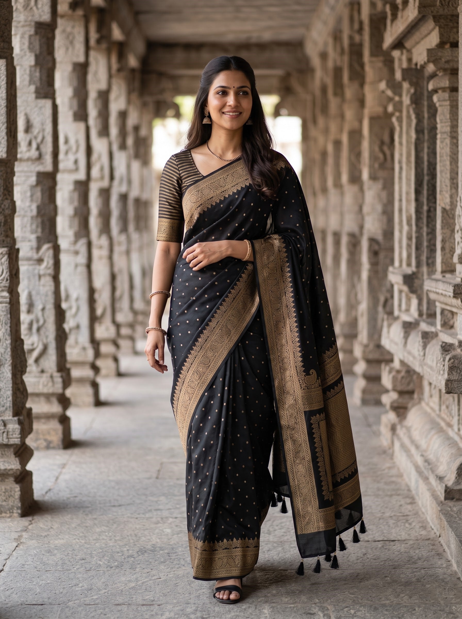 A woman wearing a black and gold saree stands in a stone corridor lined with carved pillars. The saree has a black body with small gold motifs and a wide gold border, paired with a black and gold blouse.