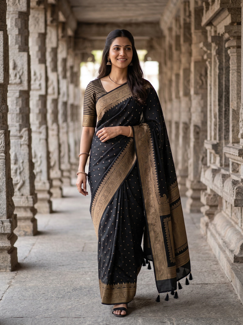 A woman wearing a black and gold saree stands in a stone corridor lined with carved pillars. The saree has a black body with small gold motifs and a wide gold border, paired with a black and gold blouse.
