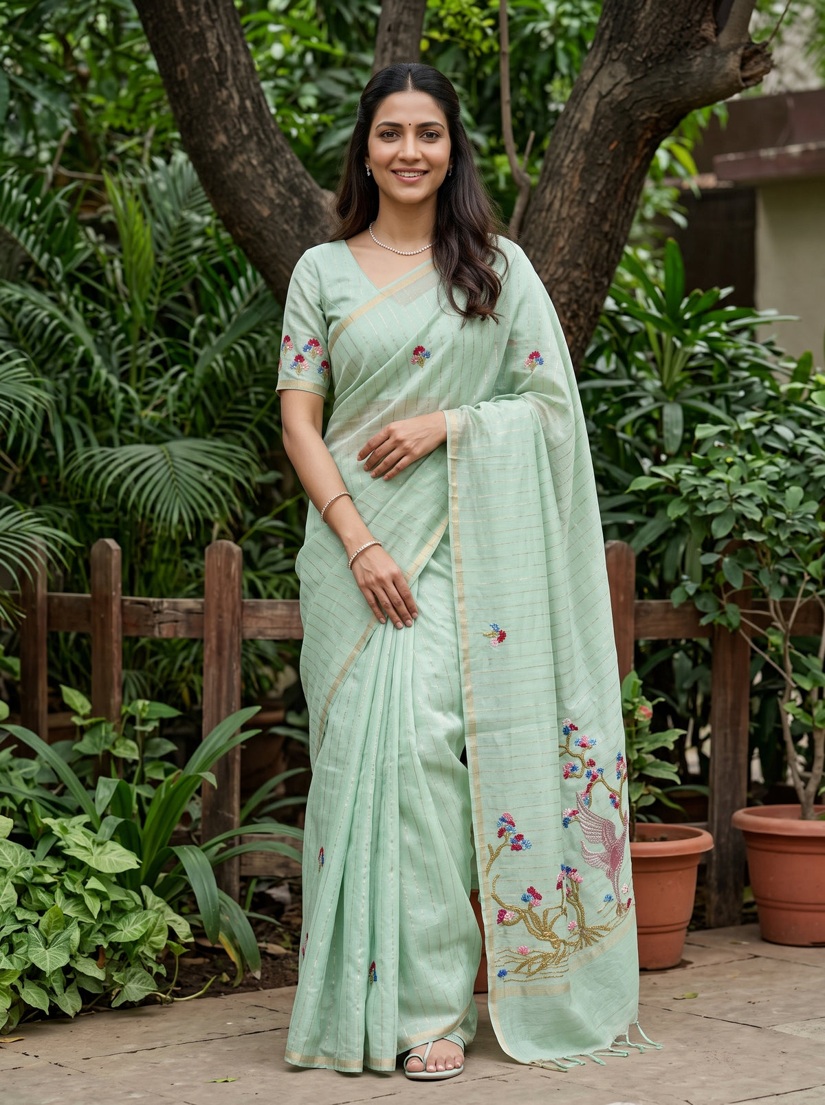 Chanderi Mint Green Crane Floral Tree Motif Saree