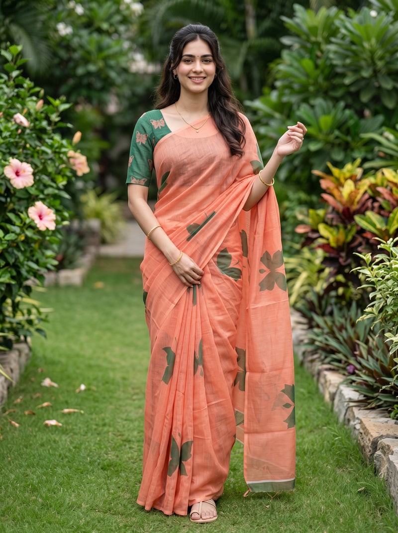 A woman stands in a lush garden wearing a peach-colored sari with dark green floral motifs and a matching green sleeveless blouse.