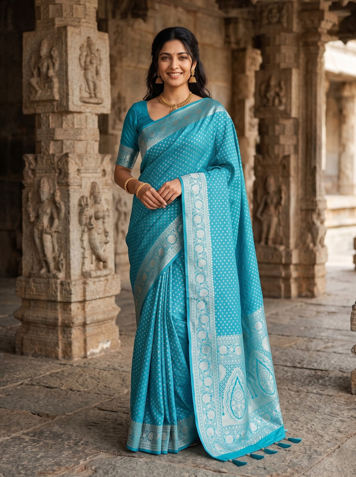 Banarasi Silk Turquoise Zari Kalka Pallu Saree