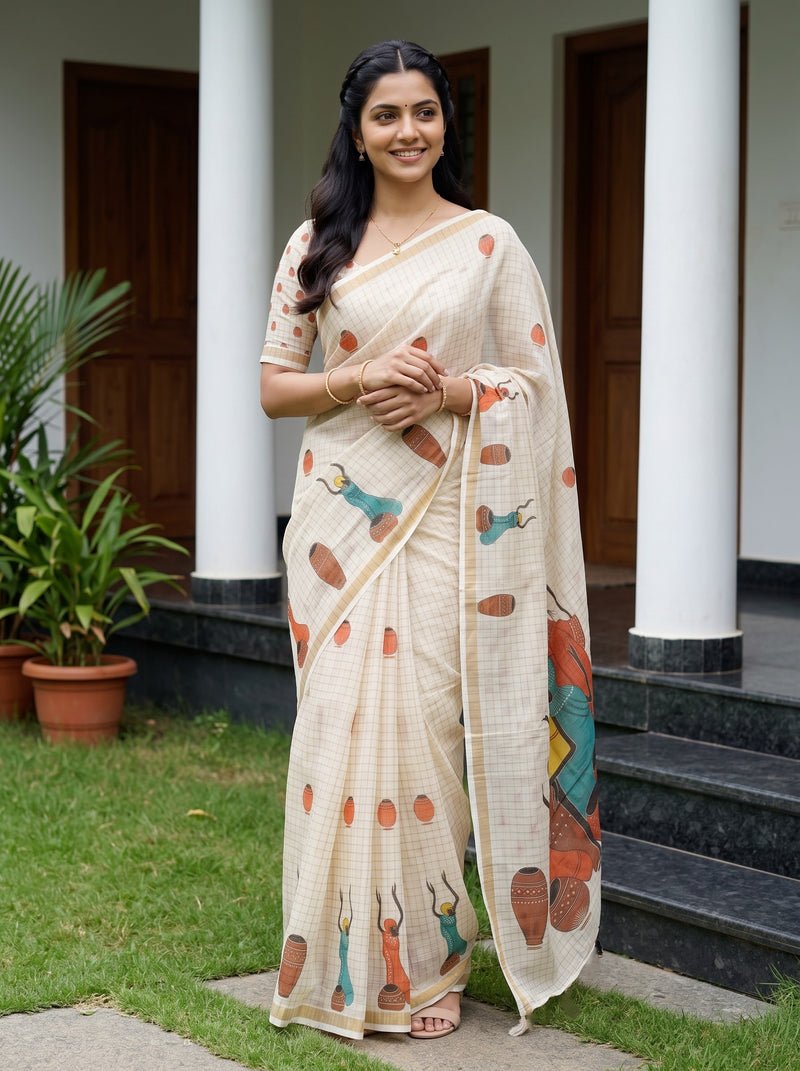 A woman stands outdoors in front of a house with white pillars and steps, wearing a cream-colored saree with a subtle grid pattern and colorful printed motifs of birds and geometric shapes.