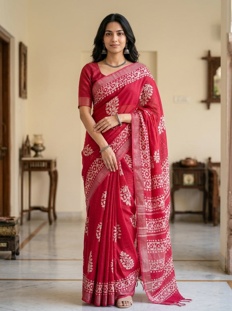 A woman modeling a bright red saree with white floral block prints and a matching red blouse, standing in a traditional indoor setting with beige walls and wooden furniture.