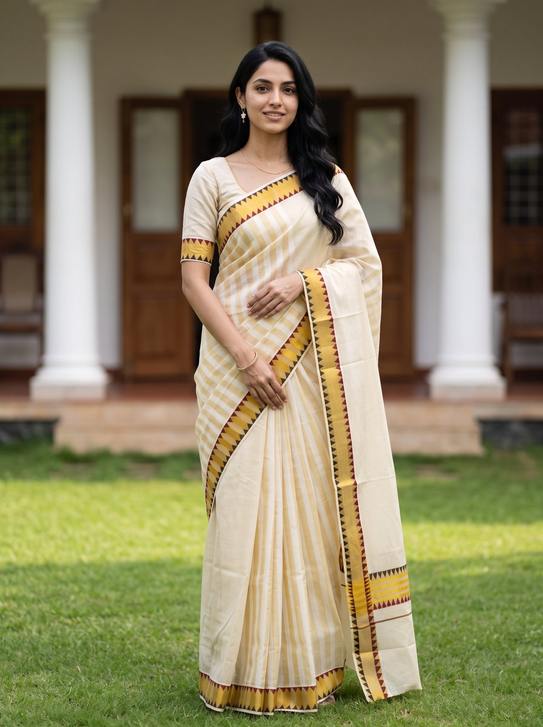 Tissue Cream Yellow Zigzag Temple Border Onam Kerala Saree