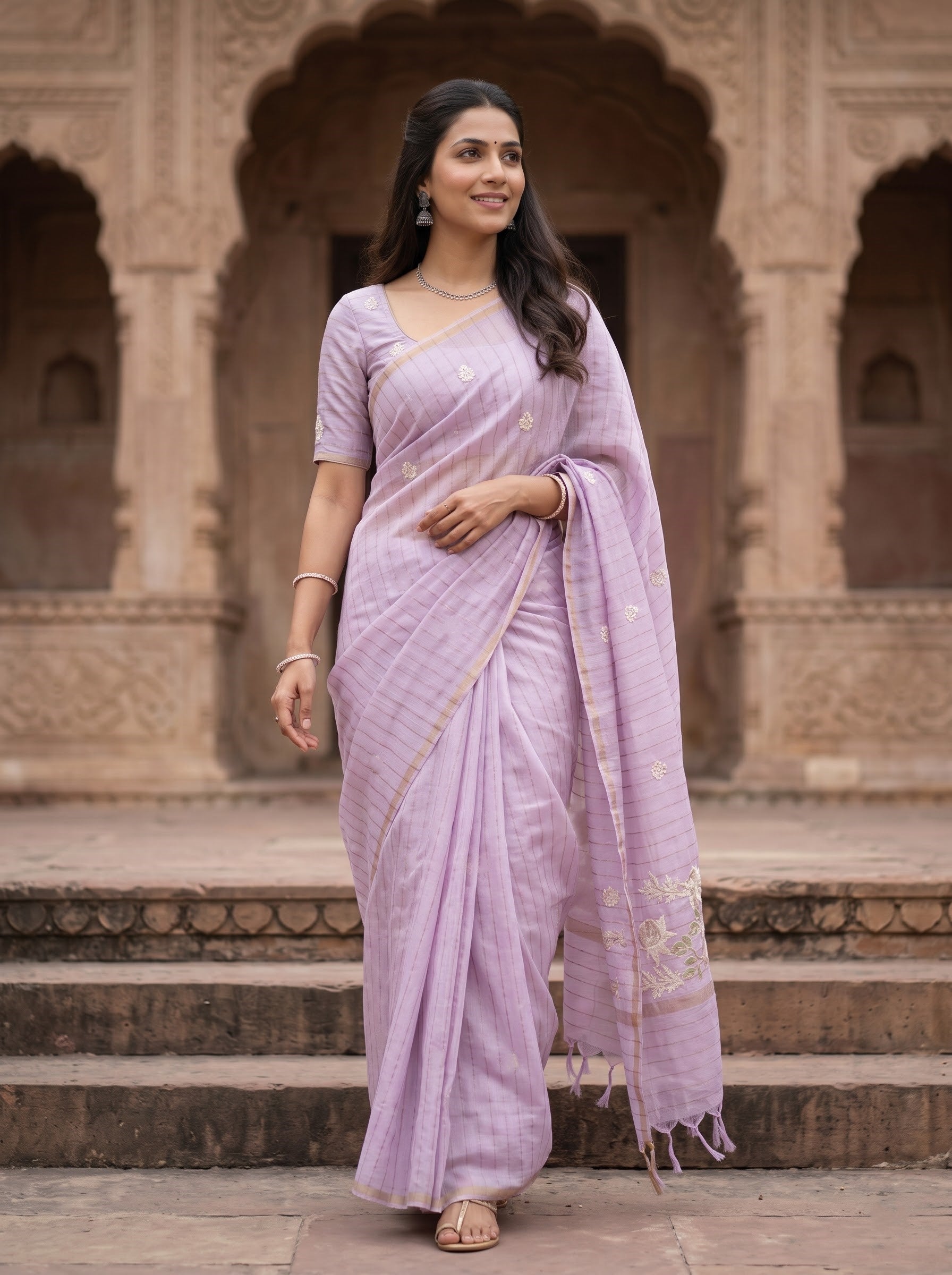 A woman wearing a light lavender purple saree with gold border details and a matching blouse, standing on stone steps in front of a historic sandstone building with arches.