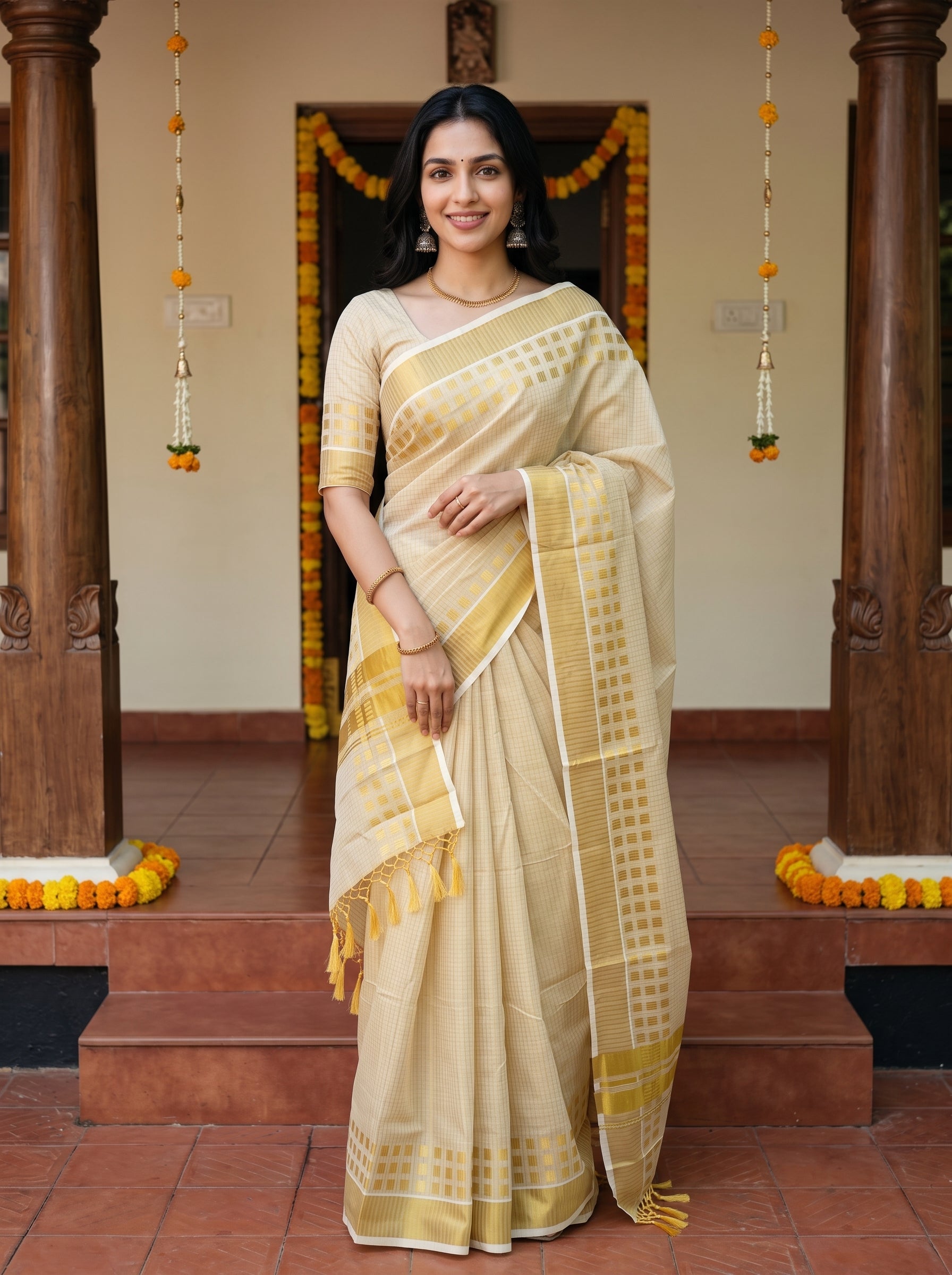 A woman wearing a light beige and yellow saree stands on steps in front of a decorated doorway with wooden pillars and marigold garlands.