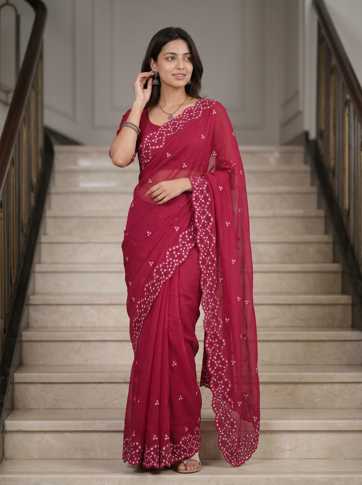 Mul Chanderi Red White Floral Sprig Cutwork Lace Border