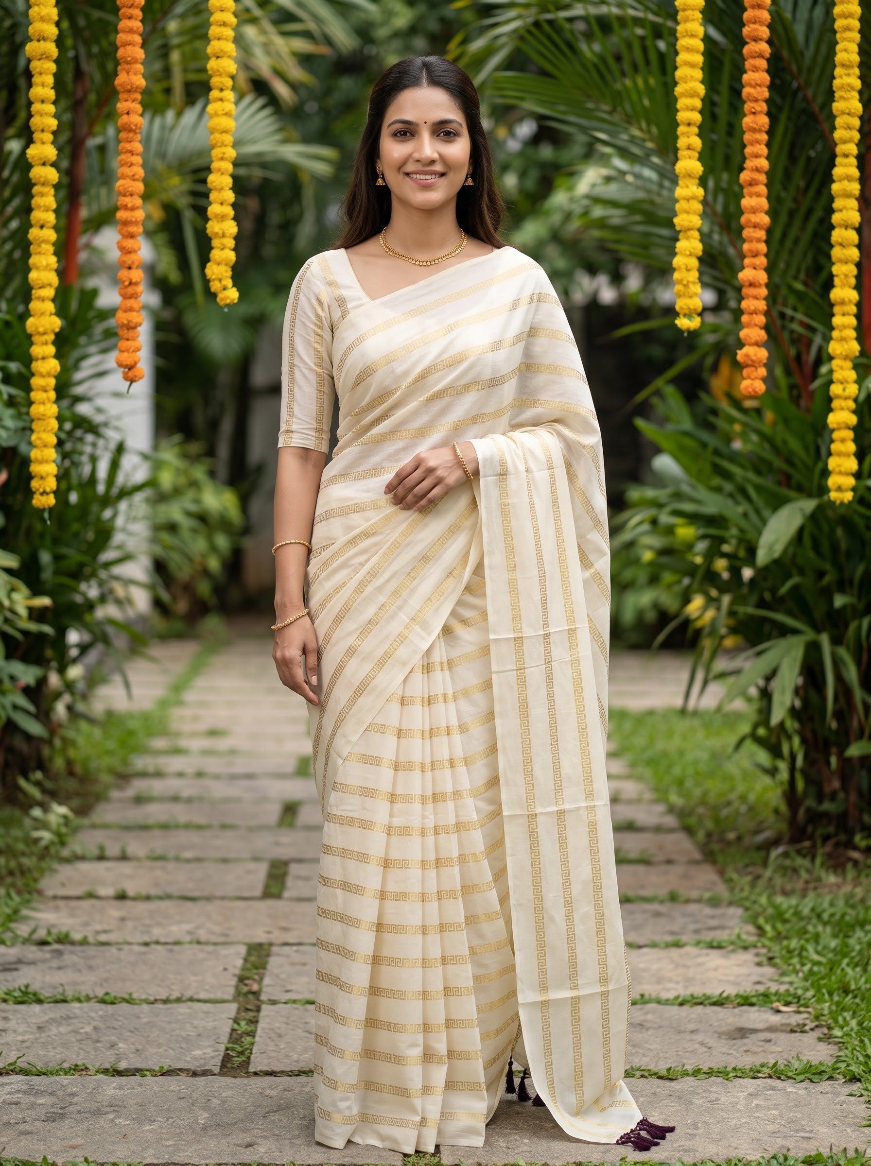 Cotton Cream Golden Greek Key Stripe with Wine Tassels Onam Special Kerala Saree
