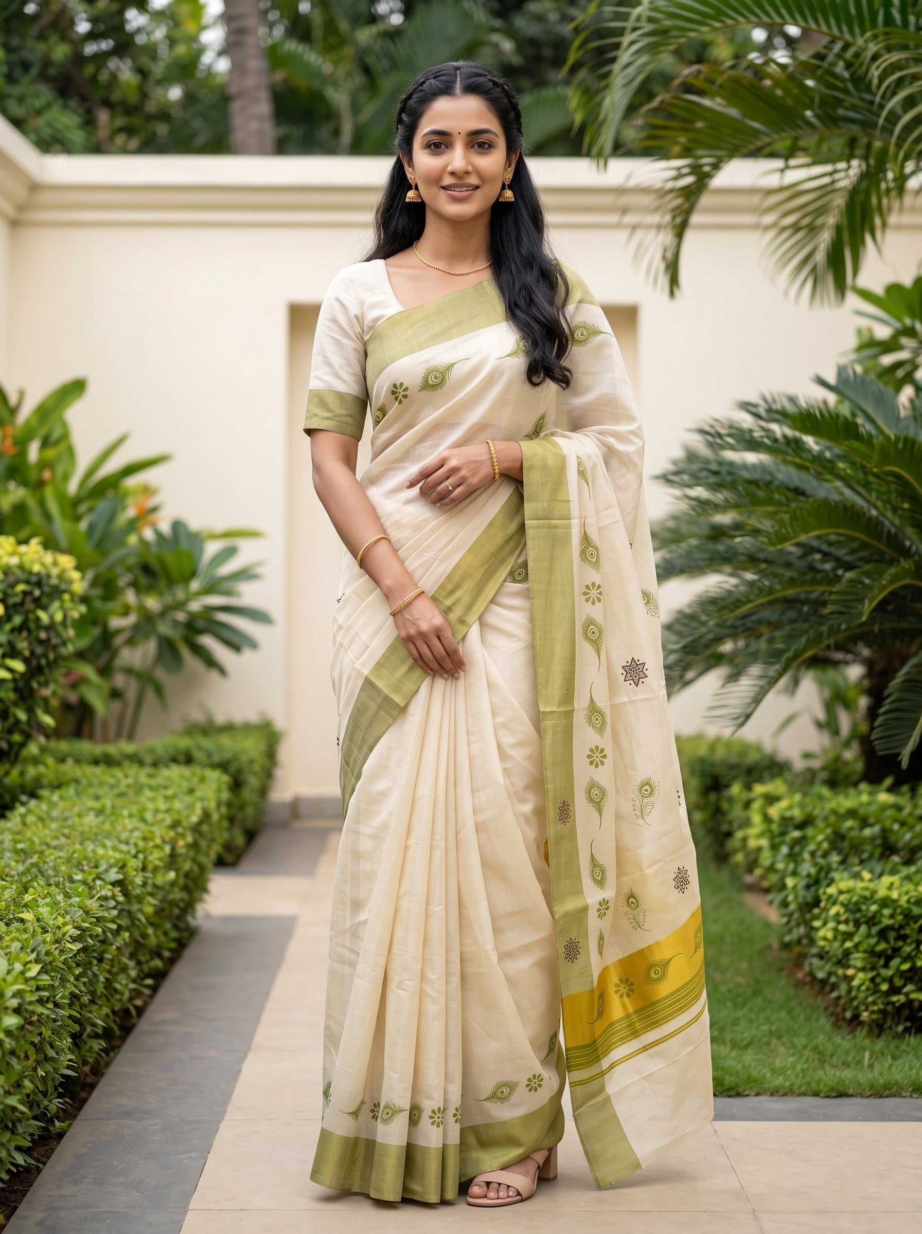 Tissue Cream Green Peacock Feather Print with Border Onam Special Kerala Saree