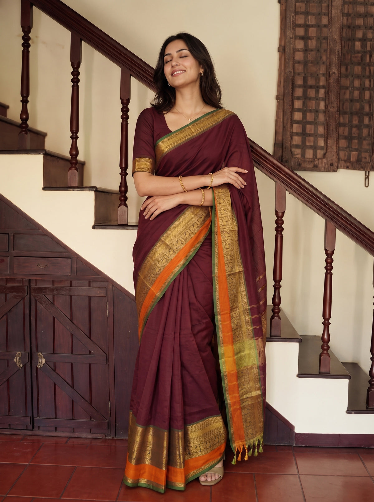 Cotton Silk Maroon Golden Zari Striped Pallu Saree with Peacock Motif Zari Border