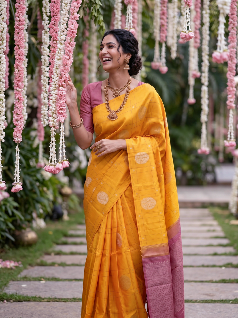 Woman in a yellow saree with pink blouse standing among hanging floral decorations.