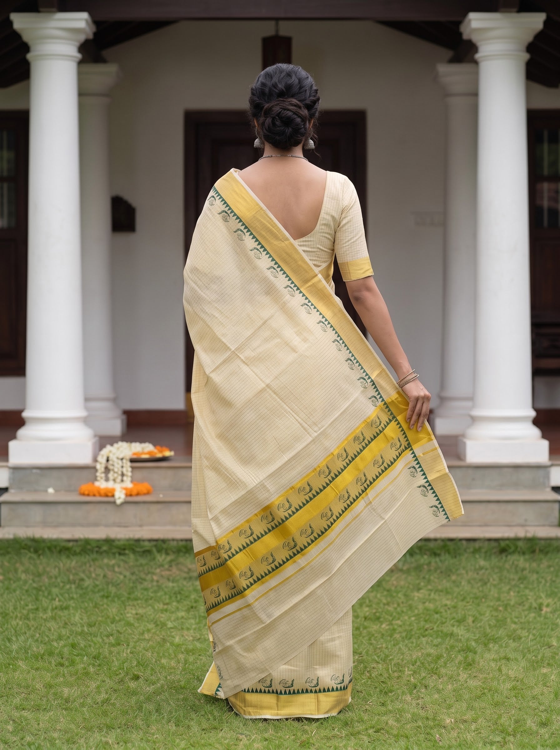 Tissue Cream Checkered Green Paisley Temple Border Onam Kerala Saree