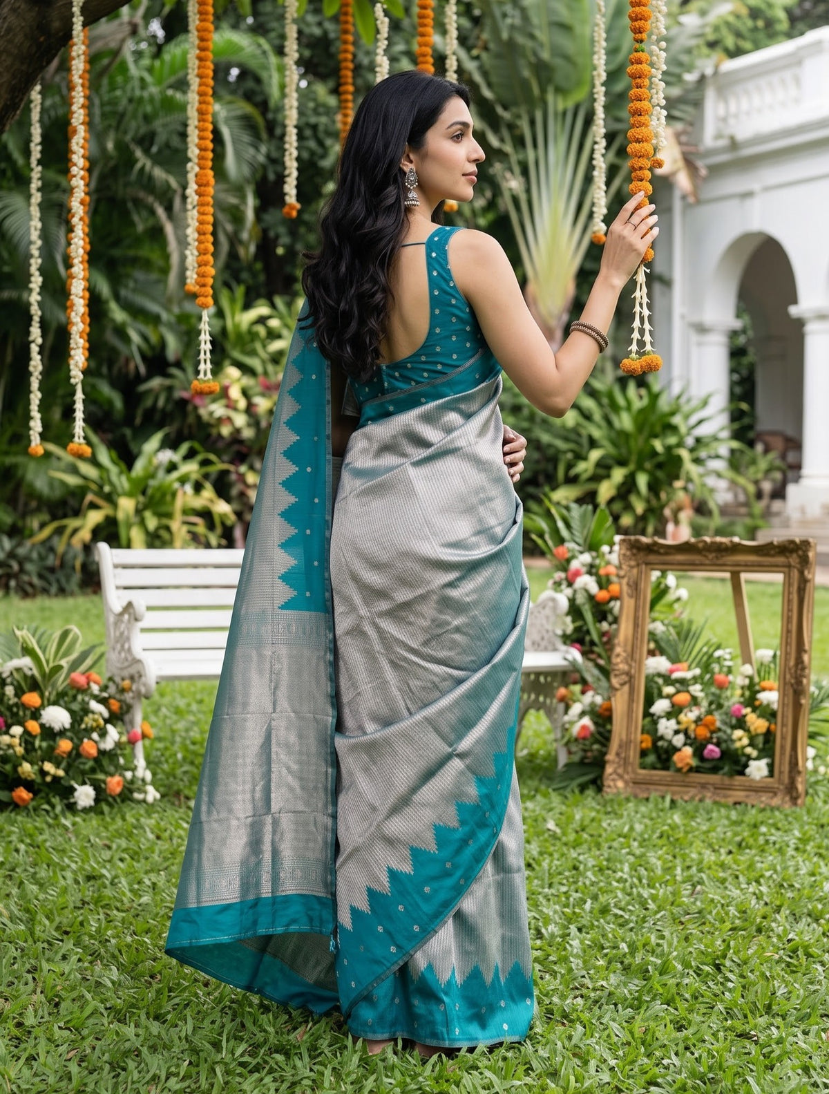 Semi Silk Teal Green Saree with Copper Zari Woven Pallu and Temple Border