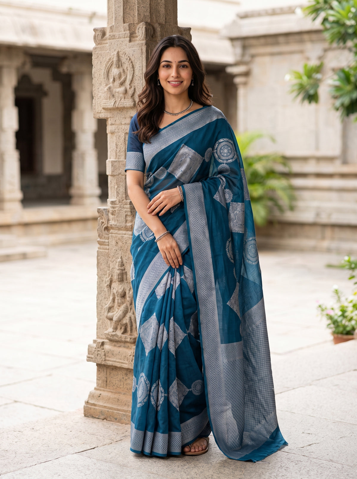Banarasi Silk Teal Blue Saree with Silver Diamond Motifs