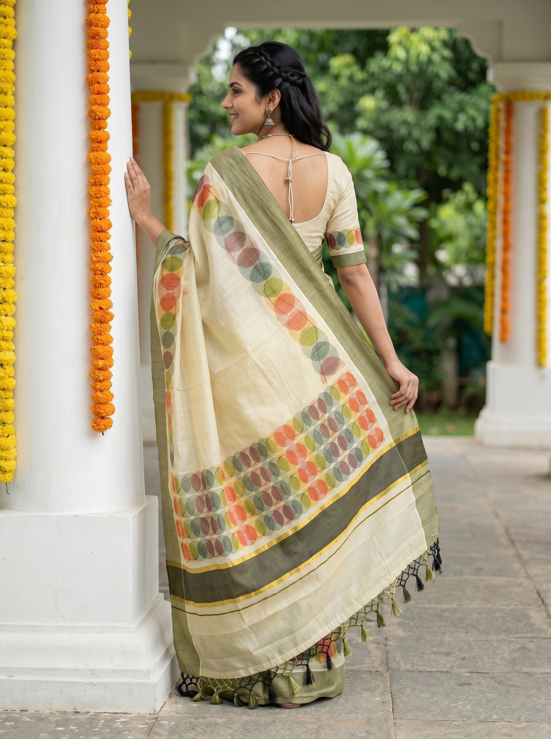 Tissue Cream Multicolor Circle Print With Black Tassels Onam Special Kerala Saree