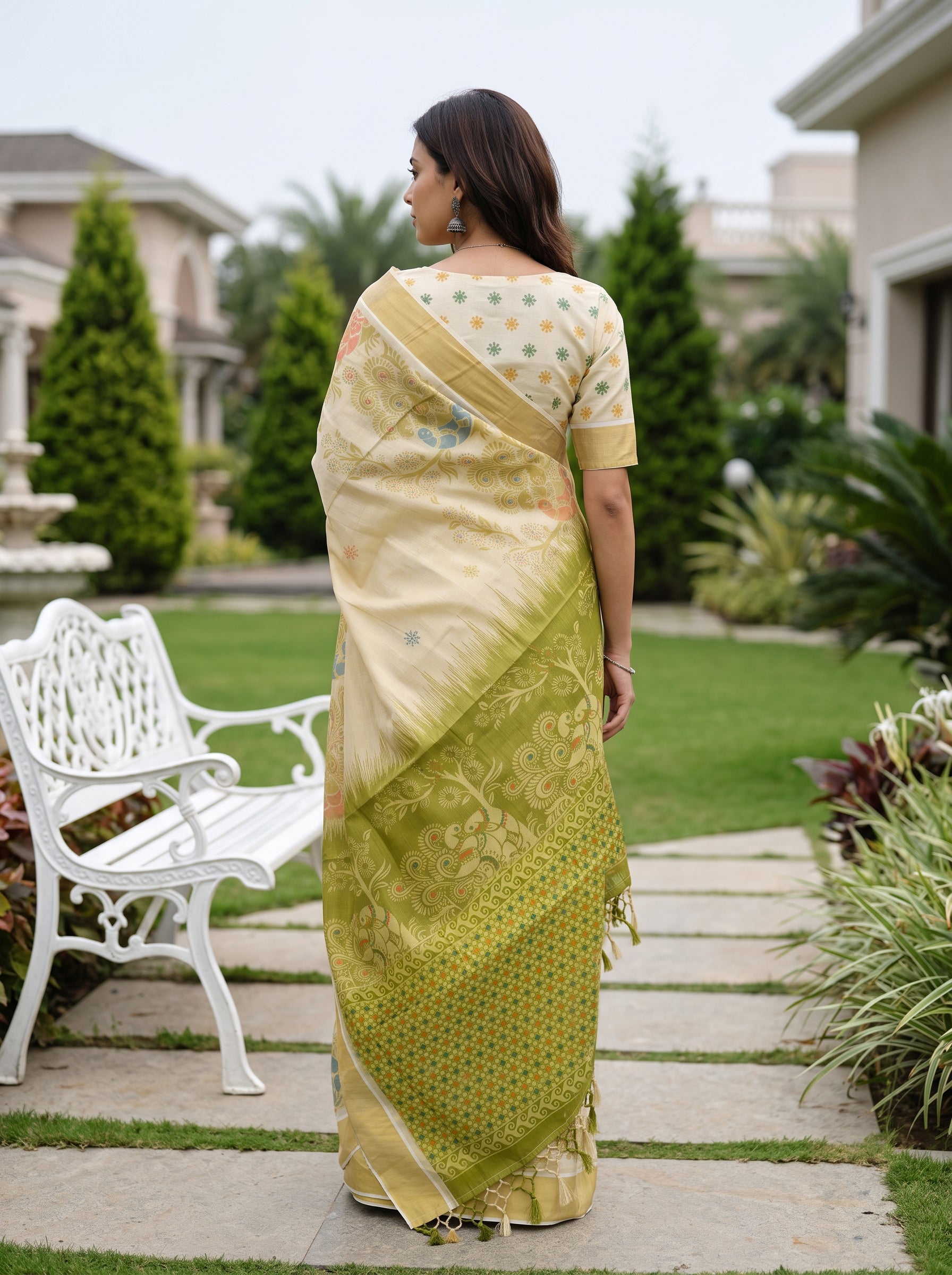 A woman wearing a light yellow and green saree stands on a stone path in a garden, viewed from behind to show the drape and border pattern.
