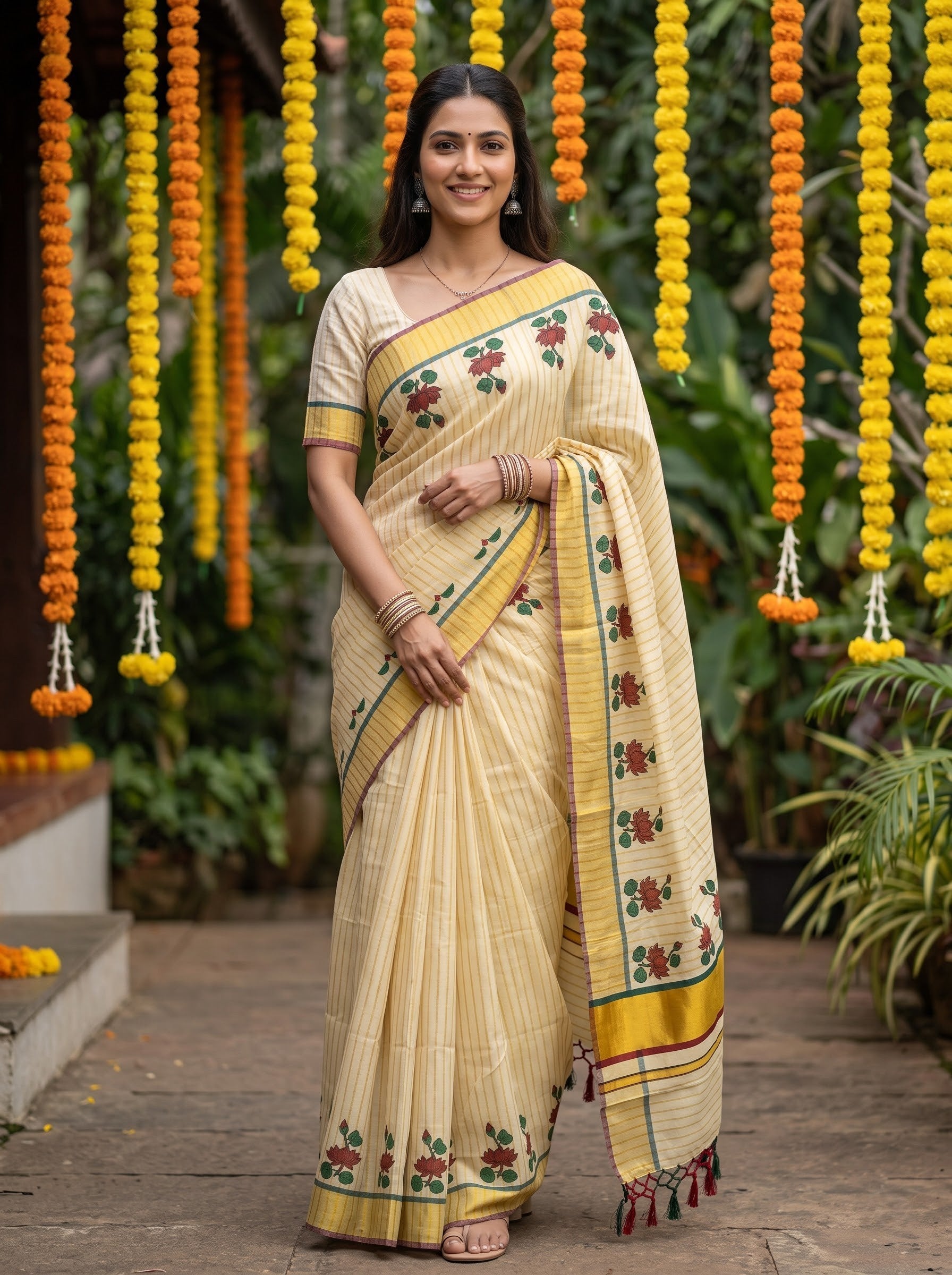 Tissue Cream Golden Pinstripe Red Lotus Print Onam Special Kerala Saree with Mustard Border