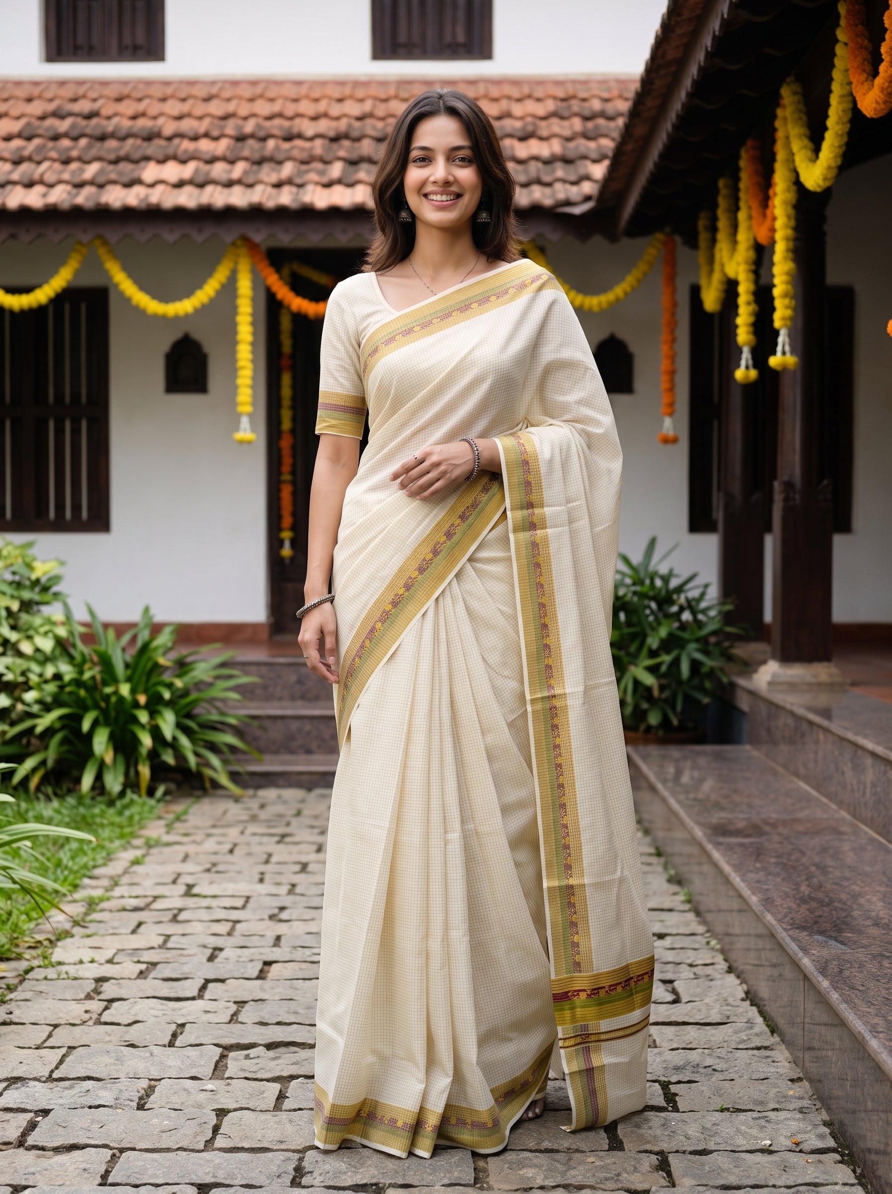 A woman wearing a cream-colored cotton saree with gold border details, standing in a traditional courtyard with a tiled roof and marigold garlands.