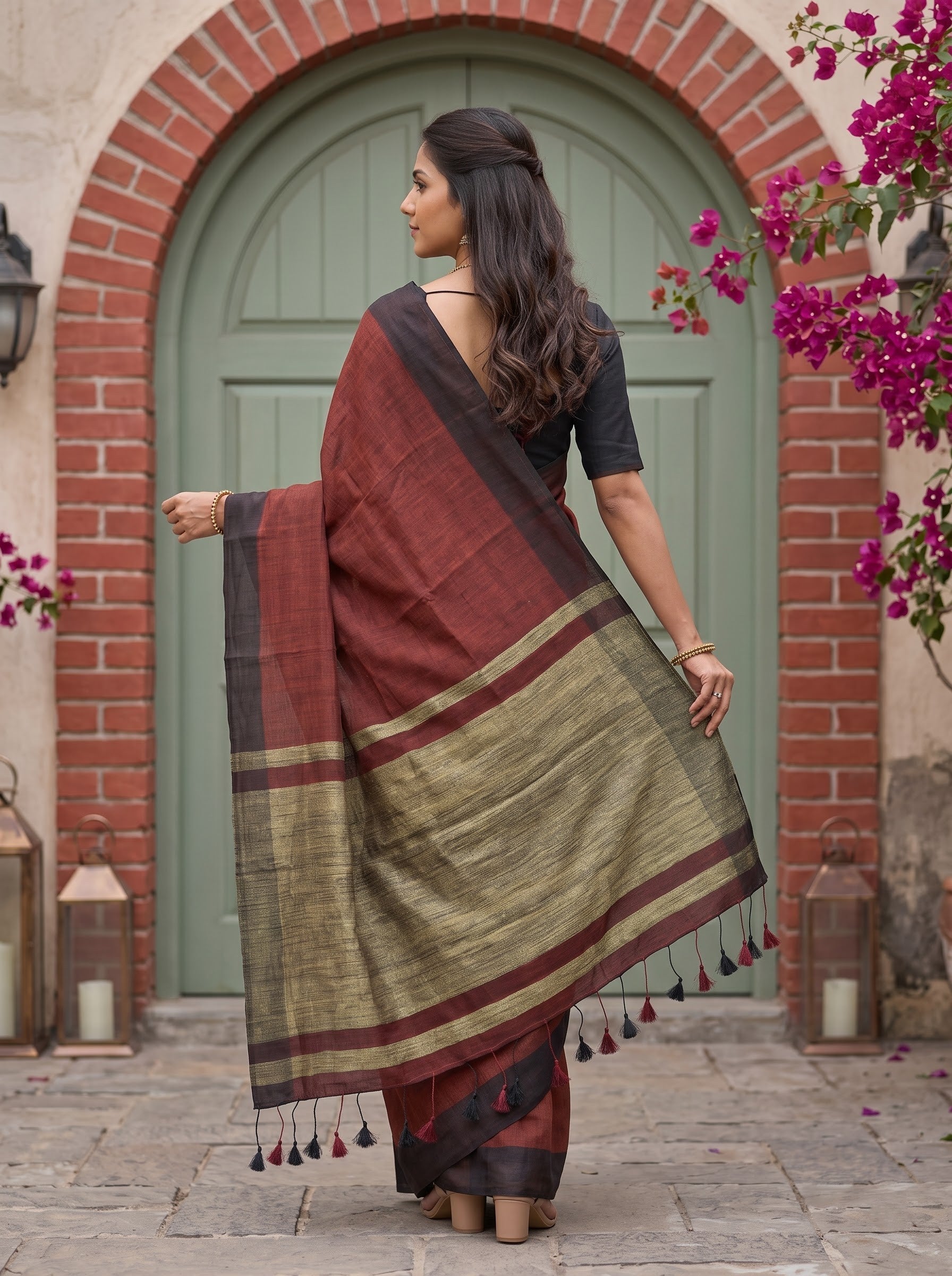 Linen Maroon Golden Zari Border Tasseled Saree