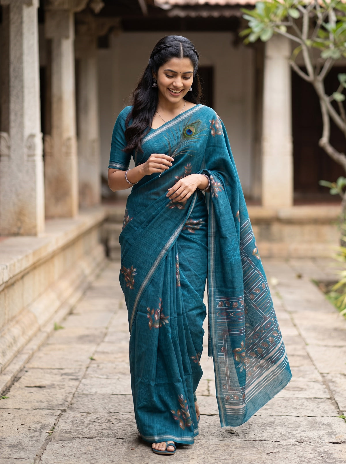 Semi Tussar Teal Green Saree with Multicolor Leaf Butta Printed Pallu and Boxed Panel Border