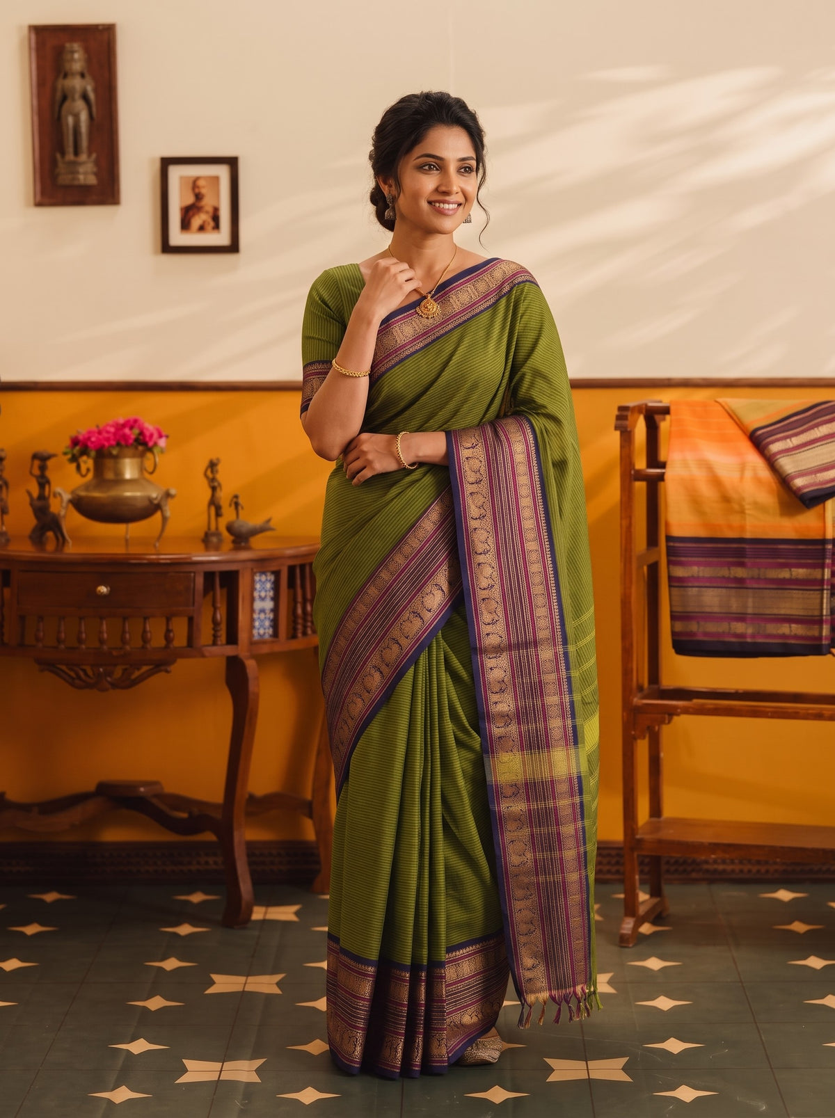 Cotton Silk Olive Green Peacock Motif Border Pallu Saree with Navy Pinstripe Body