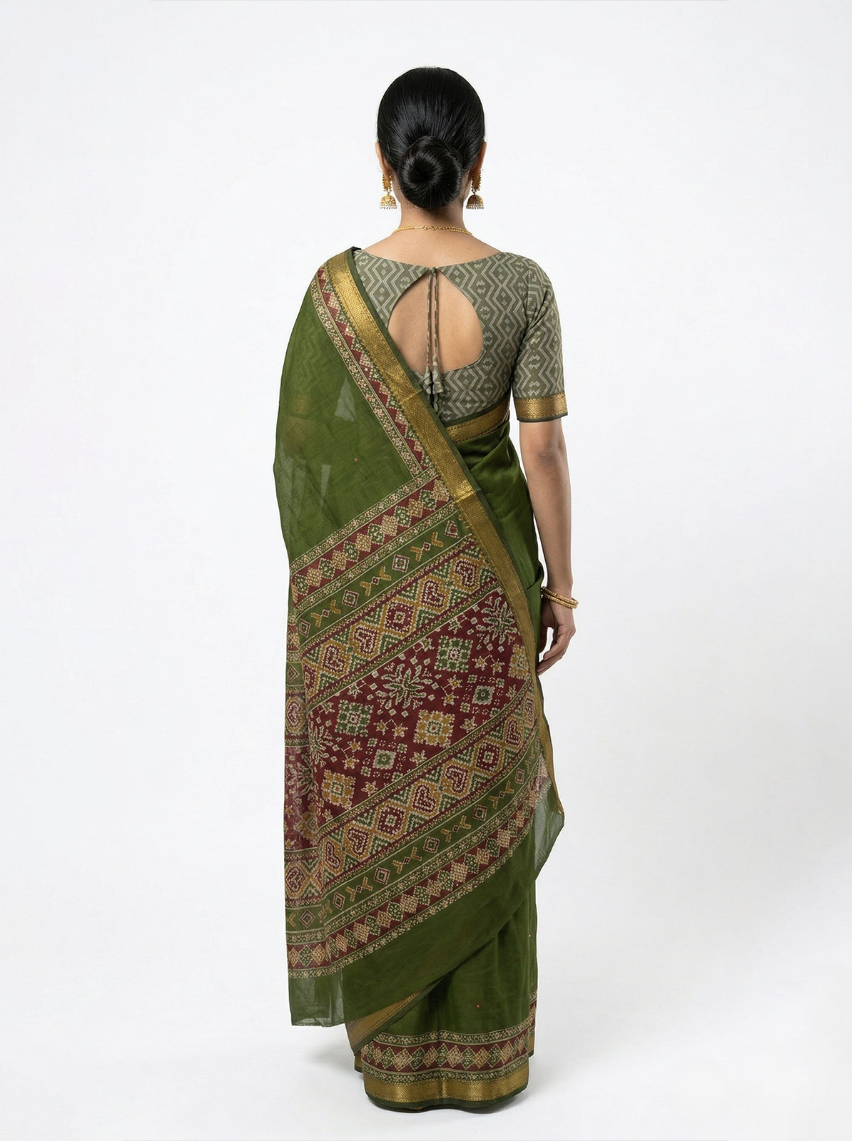 Chanderi Cotton Olive Green Ikat Border Saree