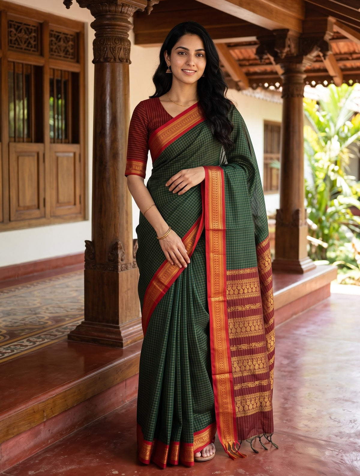 Kalyani Cotton Bottle Green Golden Zari Checks Red Pallu Woven Peacock Motif Border Saree