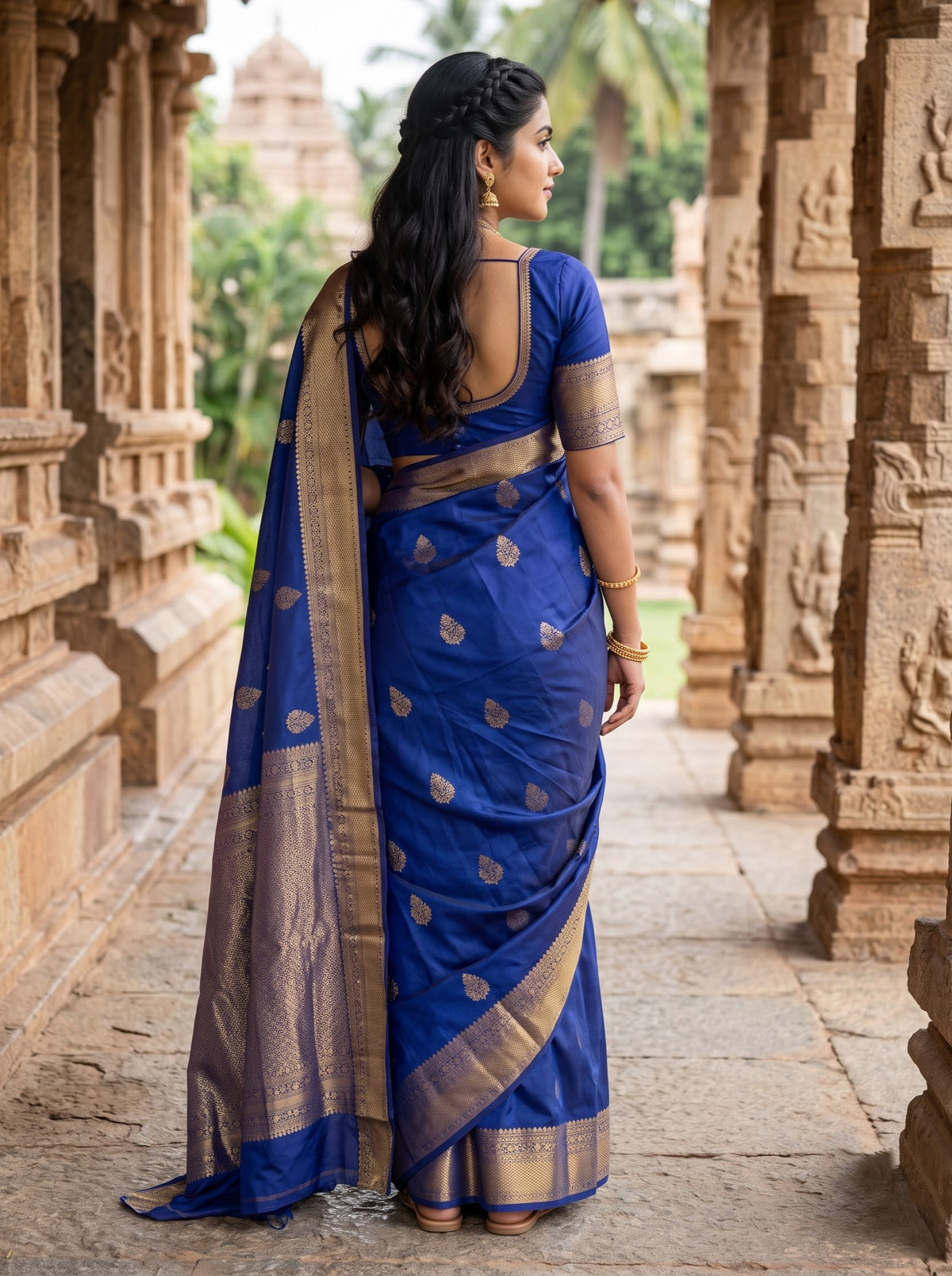 Semi Silk Blue Self Buta Woven Zari Medallion Jaal Pallu Saree with Temple Border