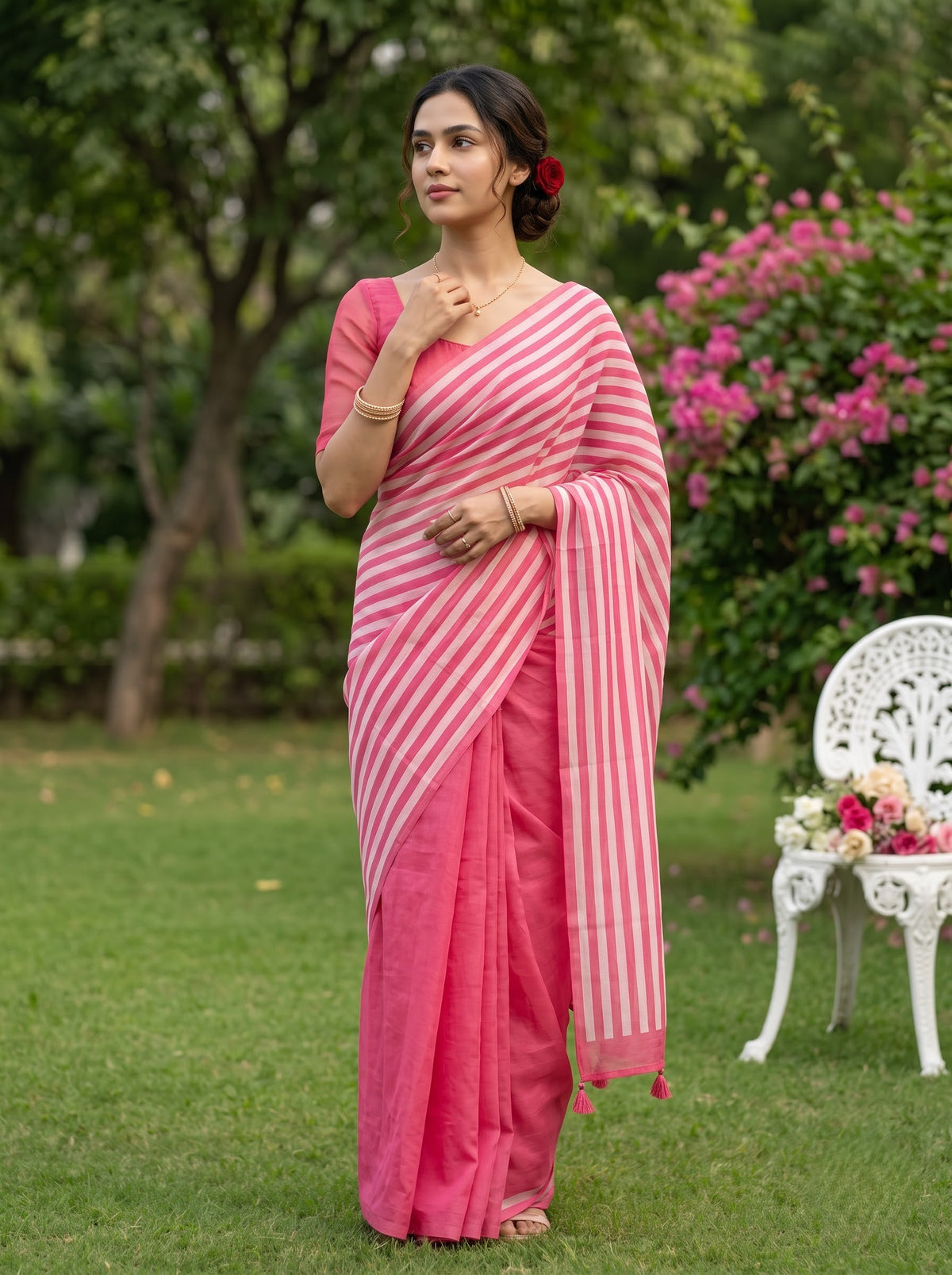 Mul Chanderi Pink and White Striped Saree