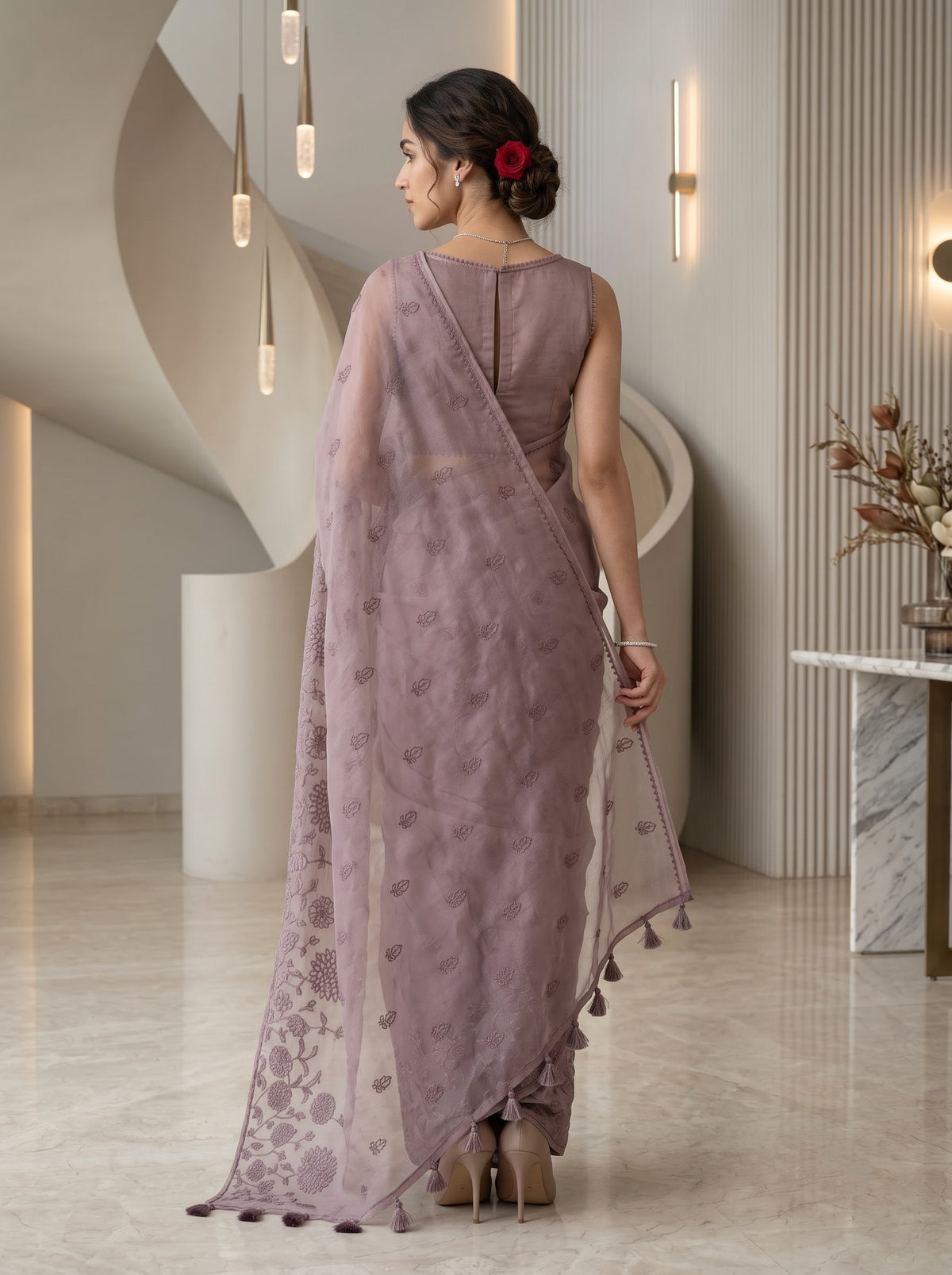 Organza Mauve Embroidered Floral Saree with Tasseled Pallu
