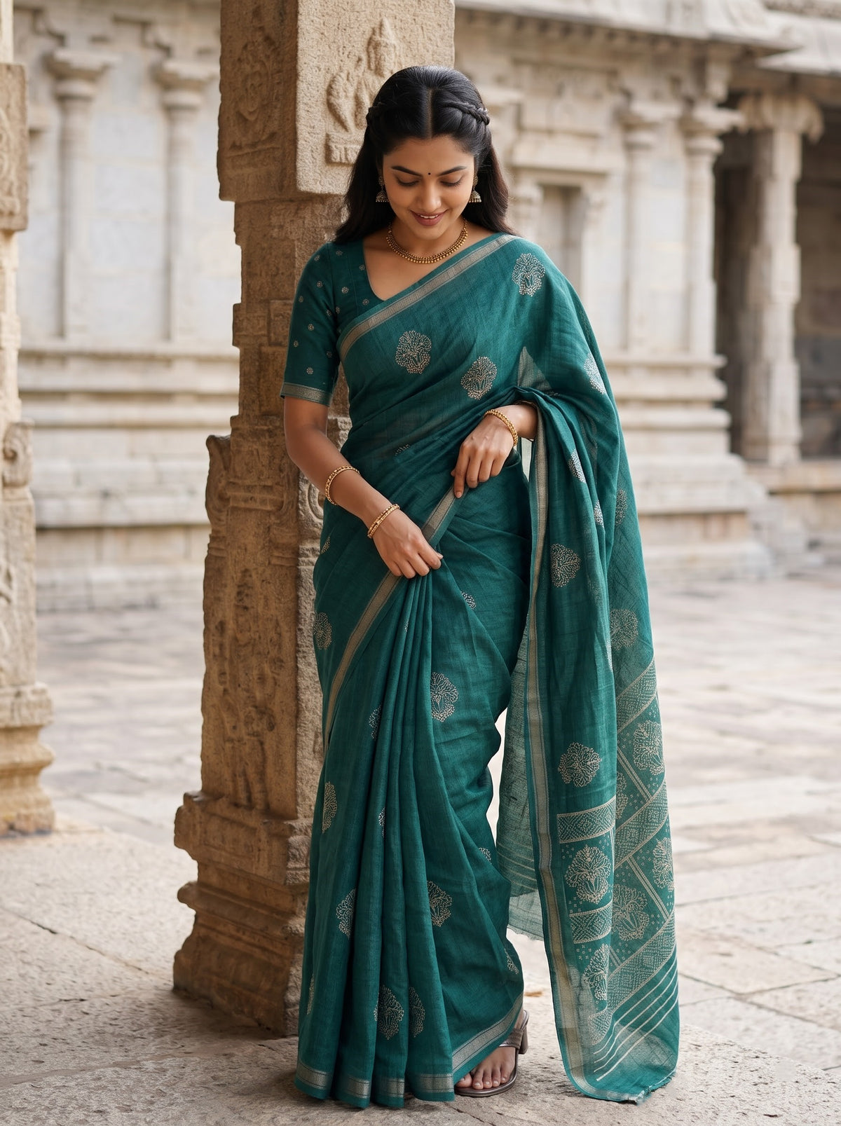 Semi Tussar Teal Green Saree with Traditional Tulip Floral Block Pallu and Zari Edge