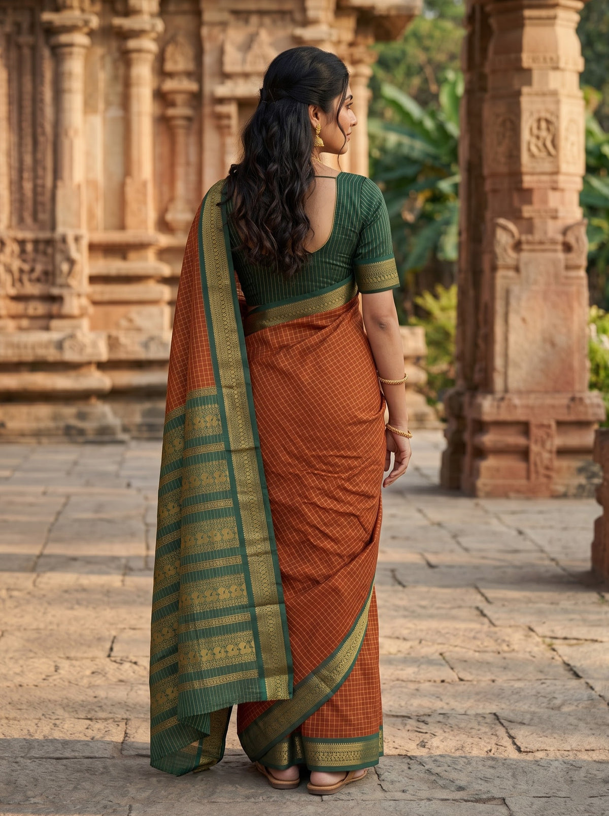 Kalyani Cotton Rust Red Saree with Golden Zari Checks Body and Bird Motif Pallu