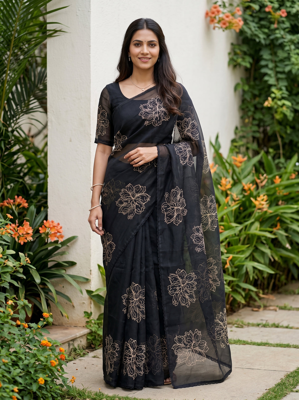 Organza Black Saree with Golden Floral Outline Embroidery