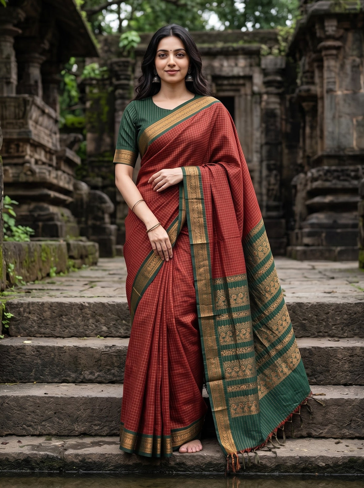 Kalyani Cotton Red Golden Zari Checks Bottle Green Pallu Copper Zari Woven Peacock Motif Border Saree