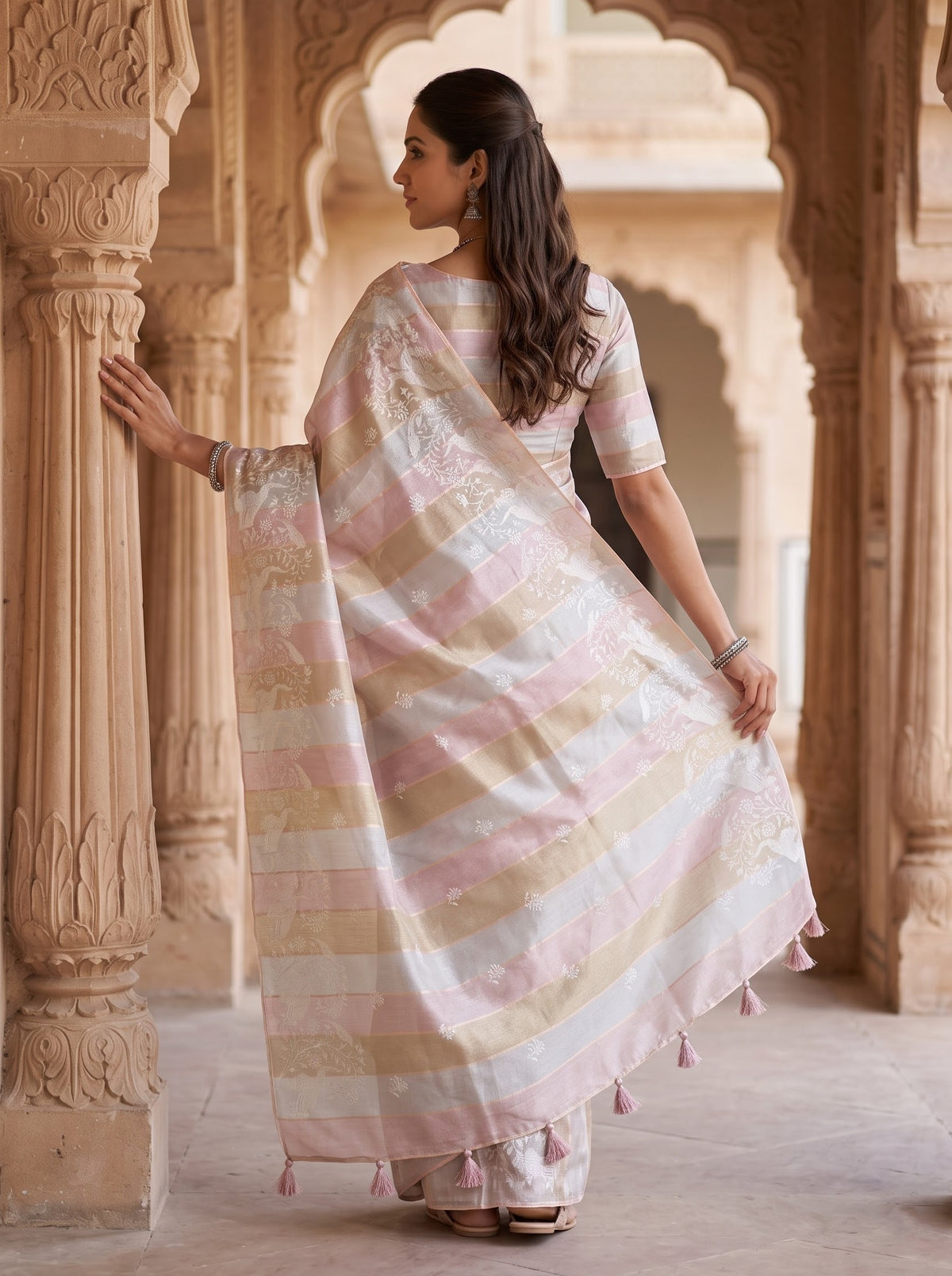 Tissue Silk Pastel Striped Saree with Elephant Floral Embroidery