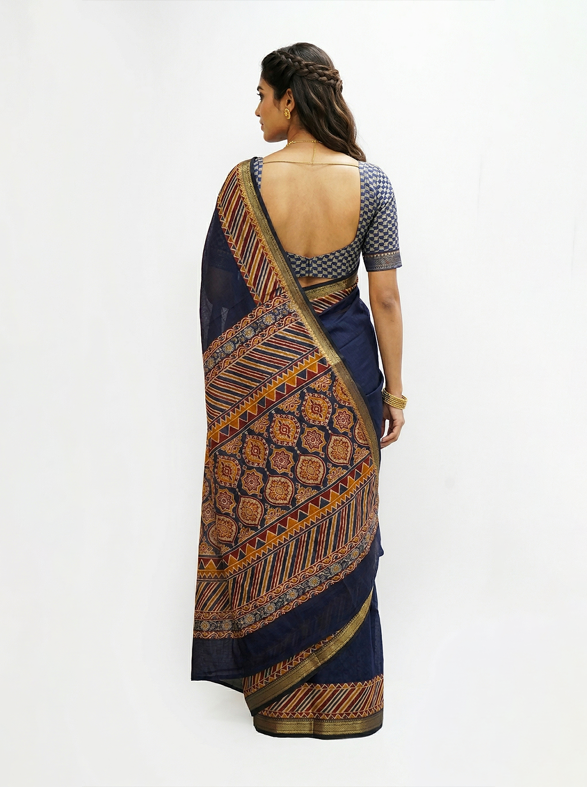 Chanderi Navy Blue Printed Border Saree