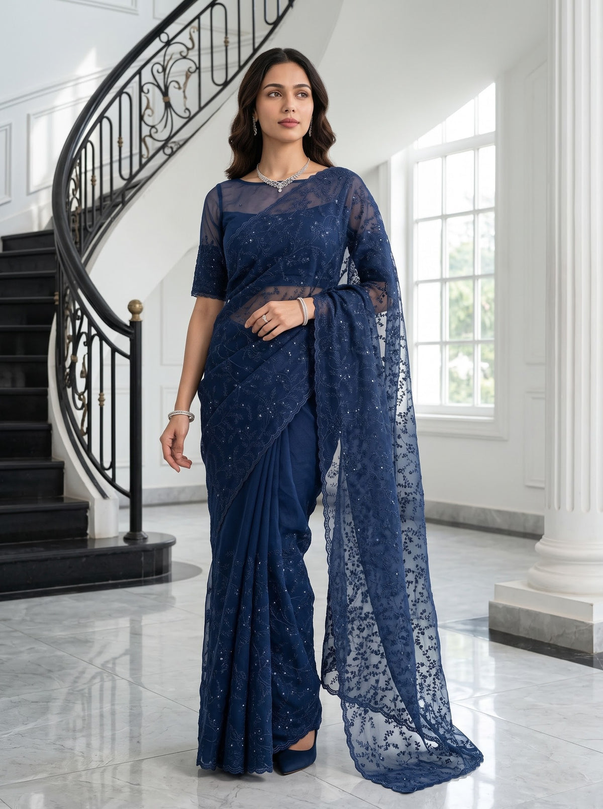 Organza Navy Blue Saree with Sequin Floral Vine Embroidery