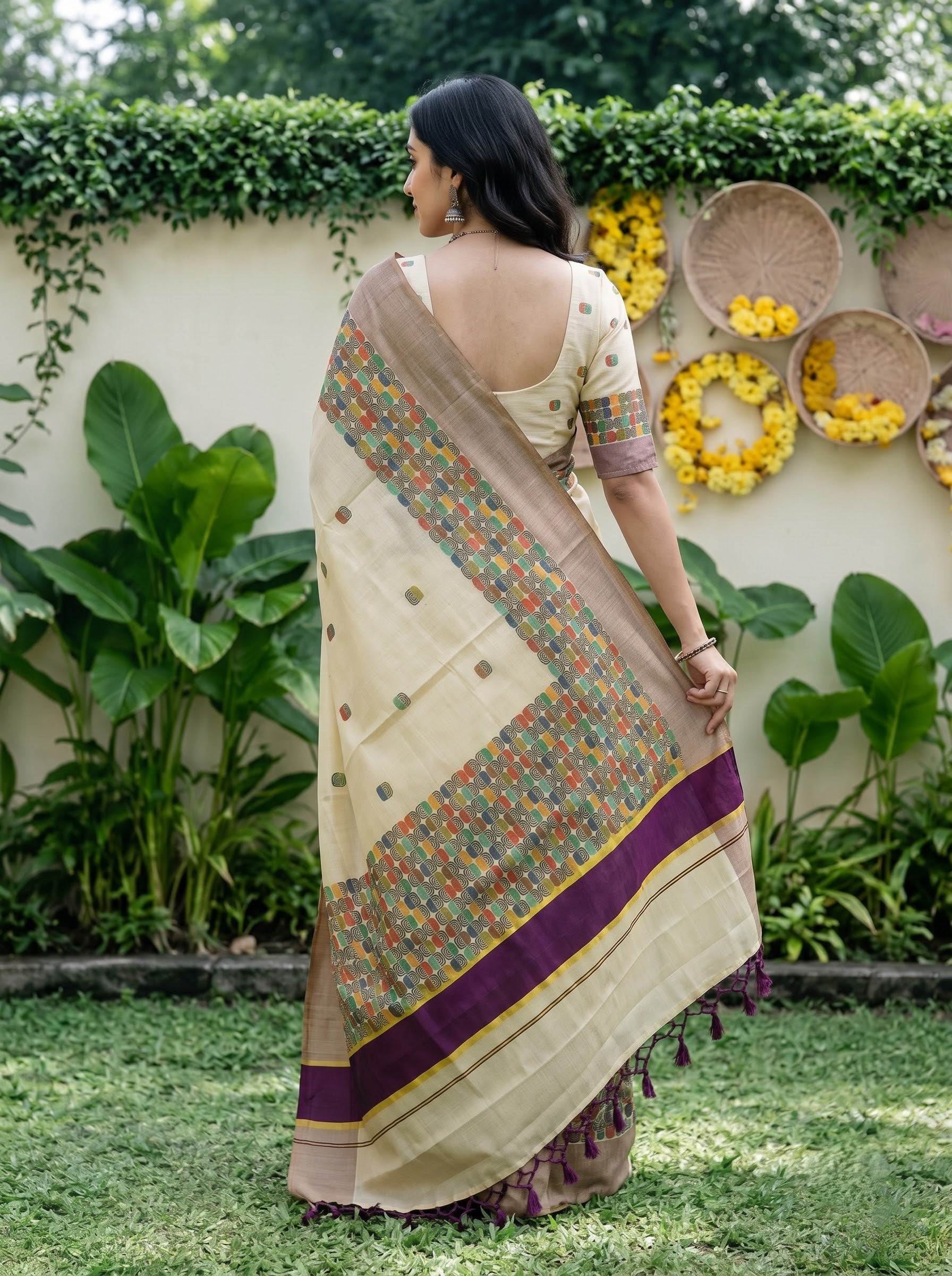 Tissue Cream Multicolor Geometric Print With Purple Tassels Onam Special Kerala Saree