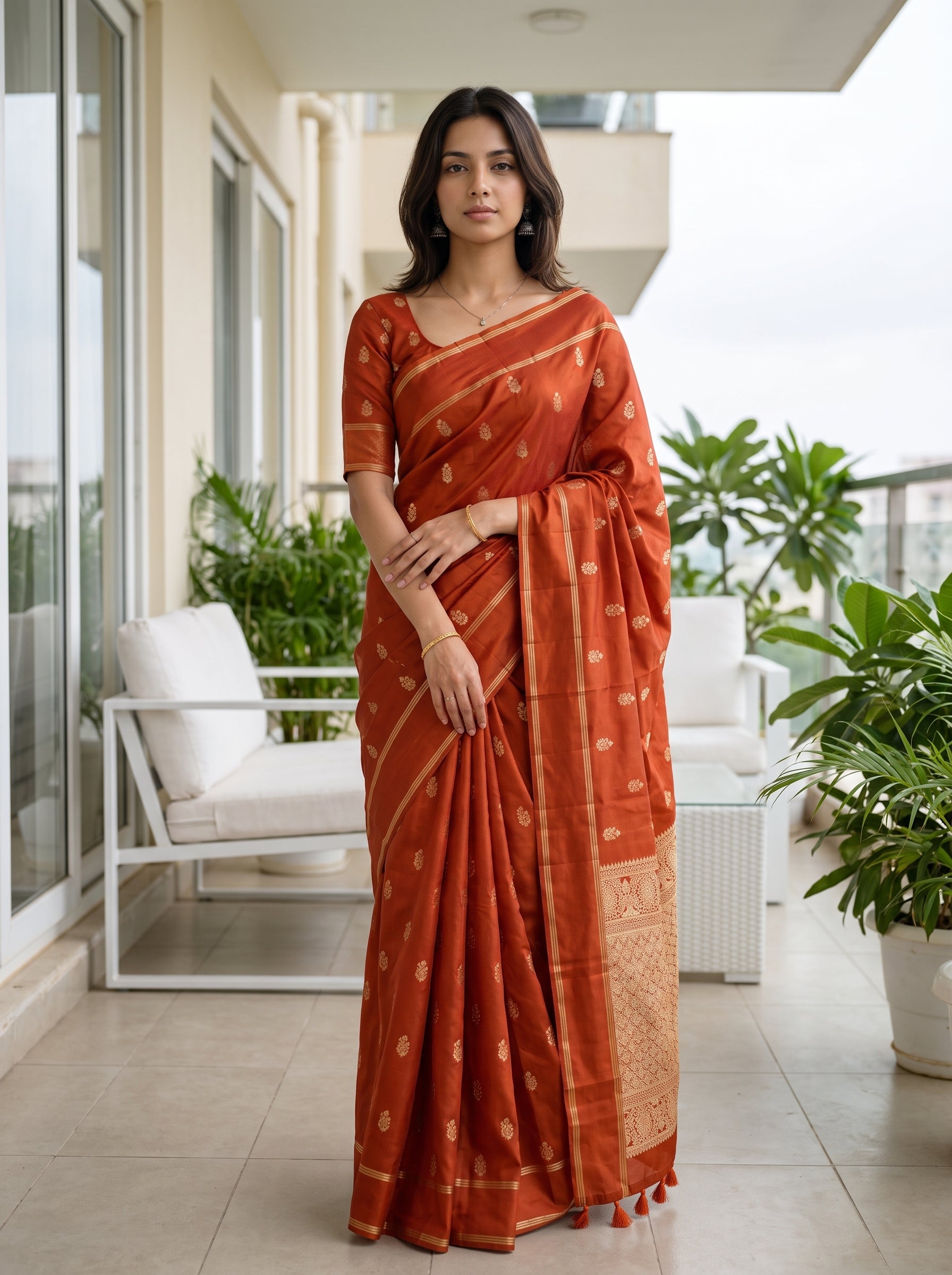 A woman modeling an orange rust-colored silk saree with gold zari motifs, standing on a modern outdoor balcony with white chairs and green plants in the background.
