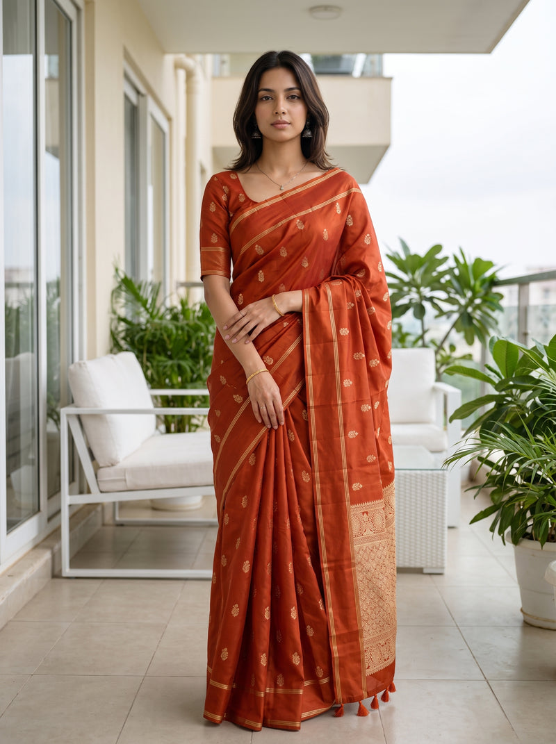 A woman modeling an orange rust-colored silk saree with gold zari motifs, standing on a modern outdoor balcony with white chairs and green plants in the background.