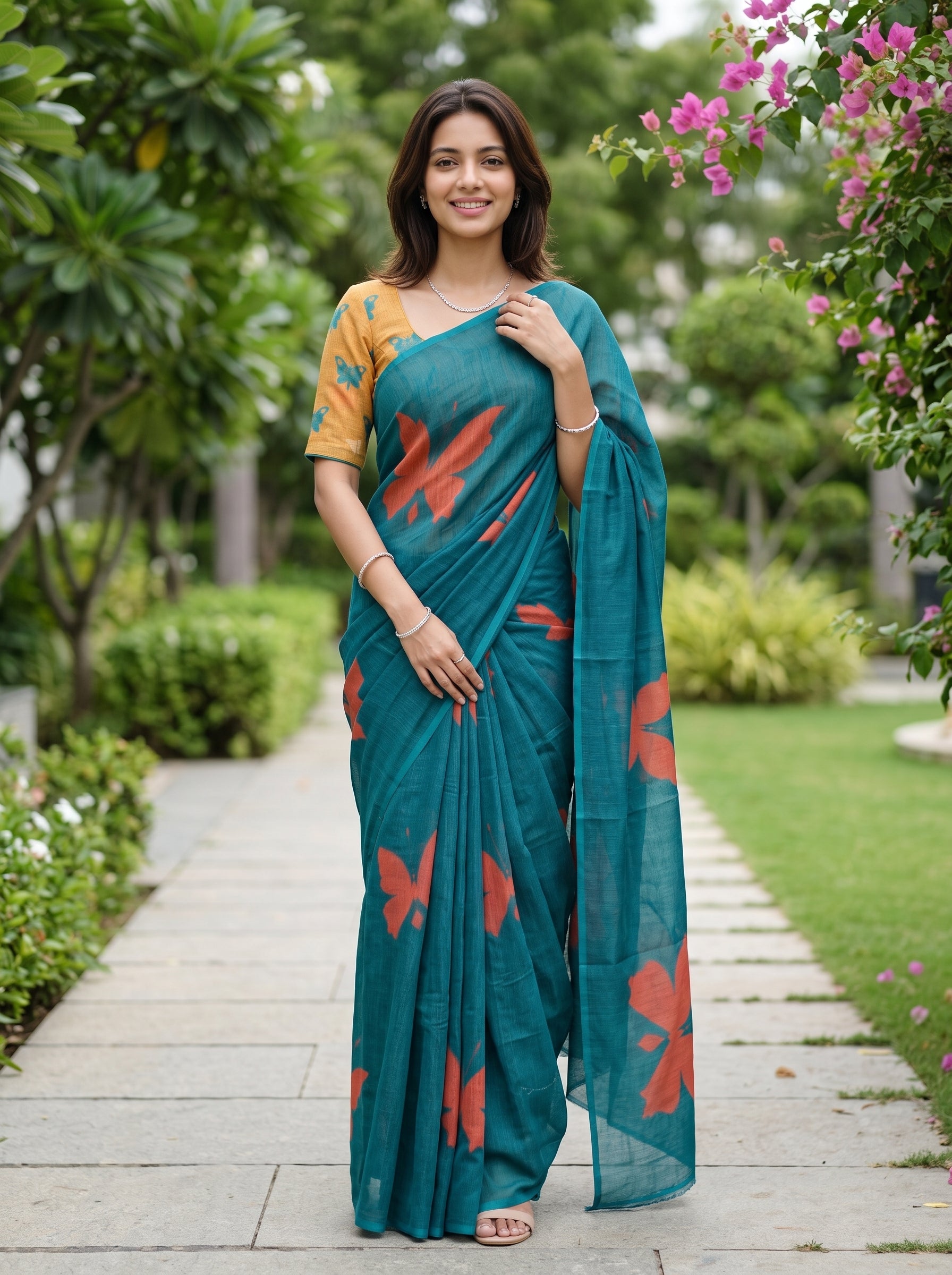A woman stands on a garden path wearing a teal saree with orange-red floral motifs and a yellow-orange blouse, photographed outdoors with greenery and pink flowers in the background.