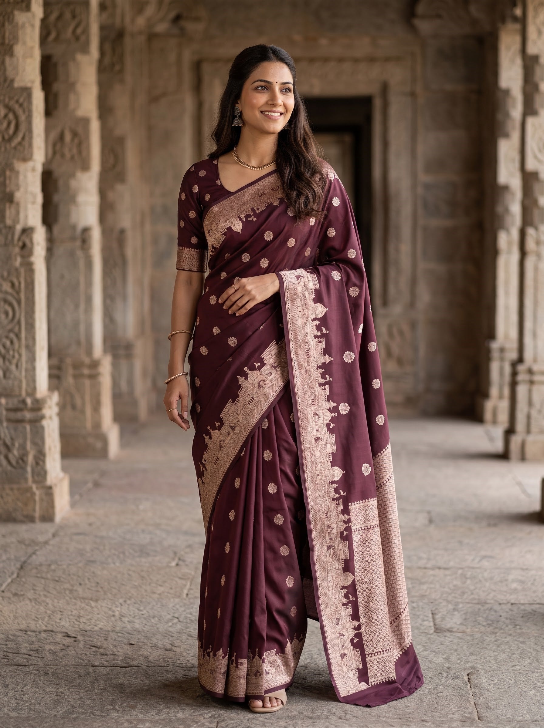 A woman wearing a deep purple and beige Banarasi silk saree with gold polka dots and a detailed beige border, standing in a stone corridor.