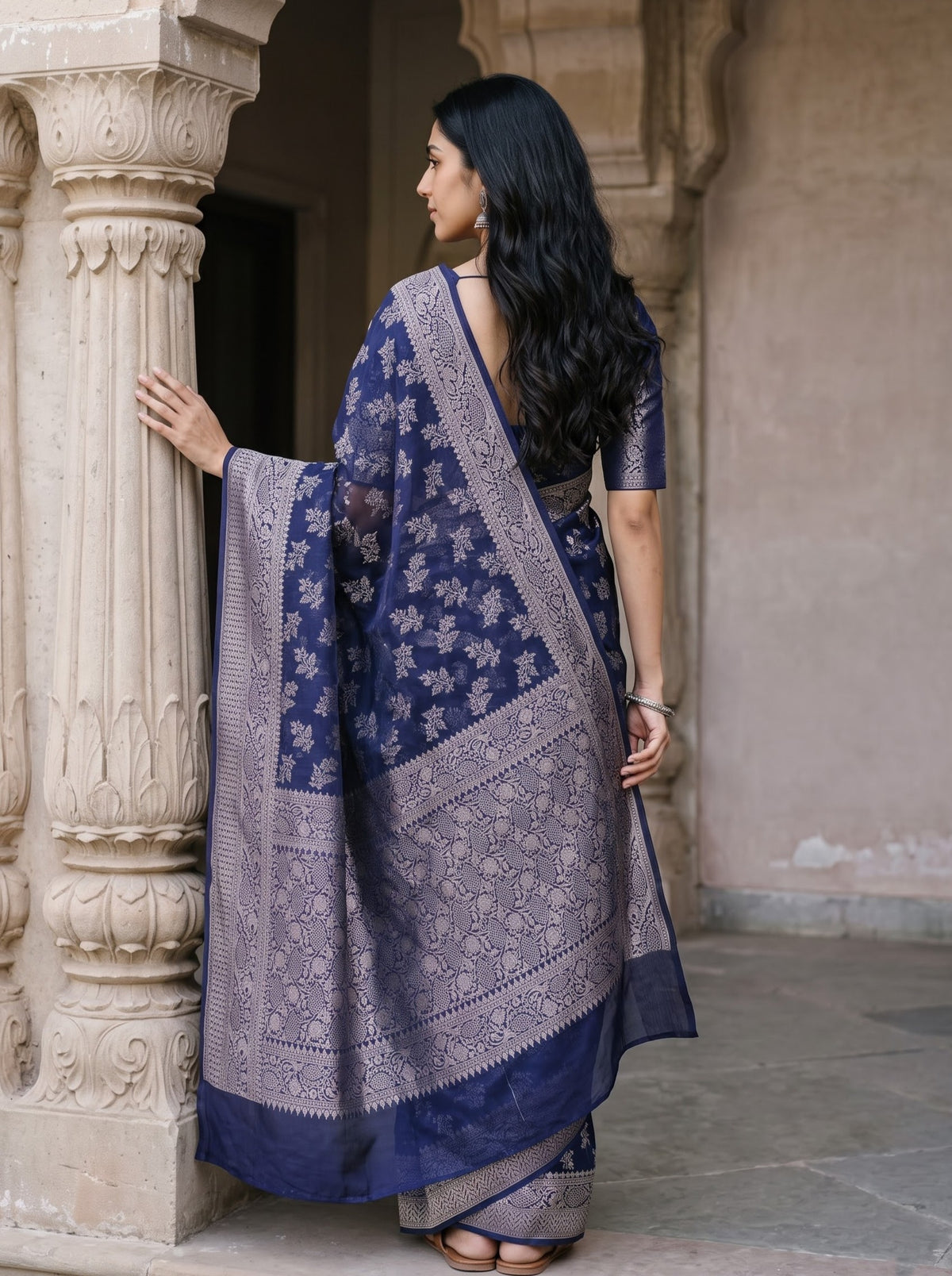 Banarasi Silk Navy Blue Floral Leaf Print Saree with Zari Border