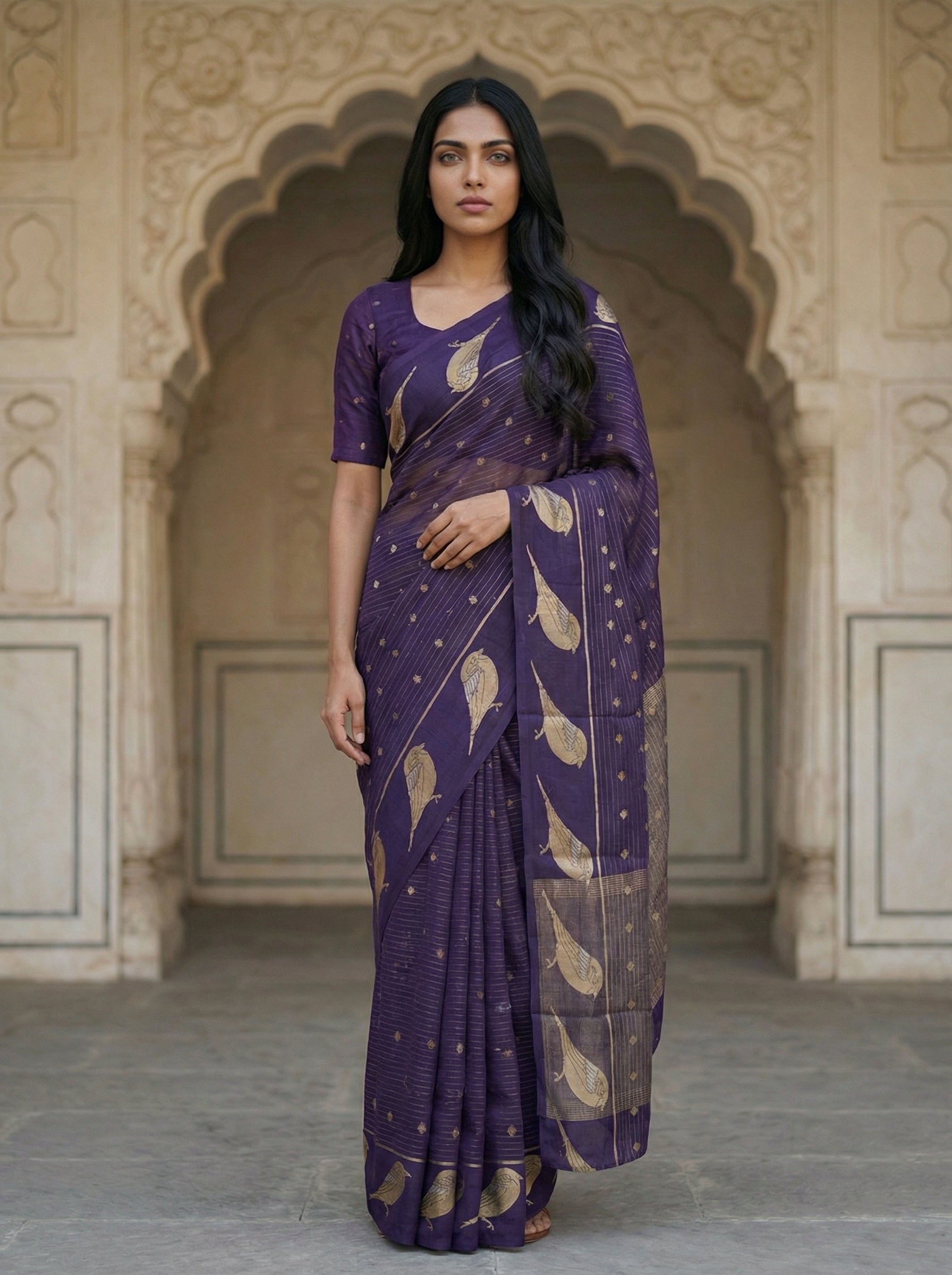 Georgette Banarasi  Deep Purple Golden Bird Motif Saree